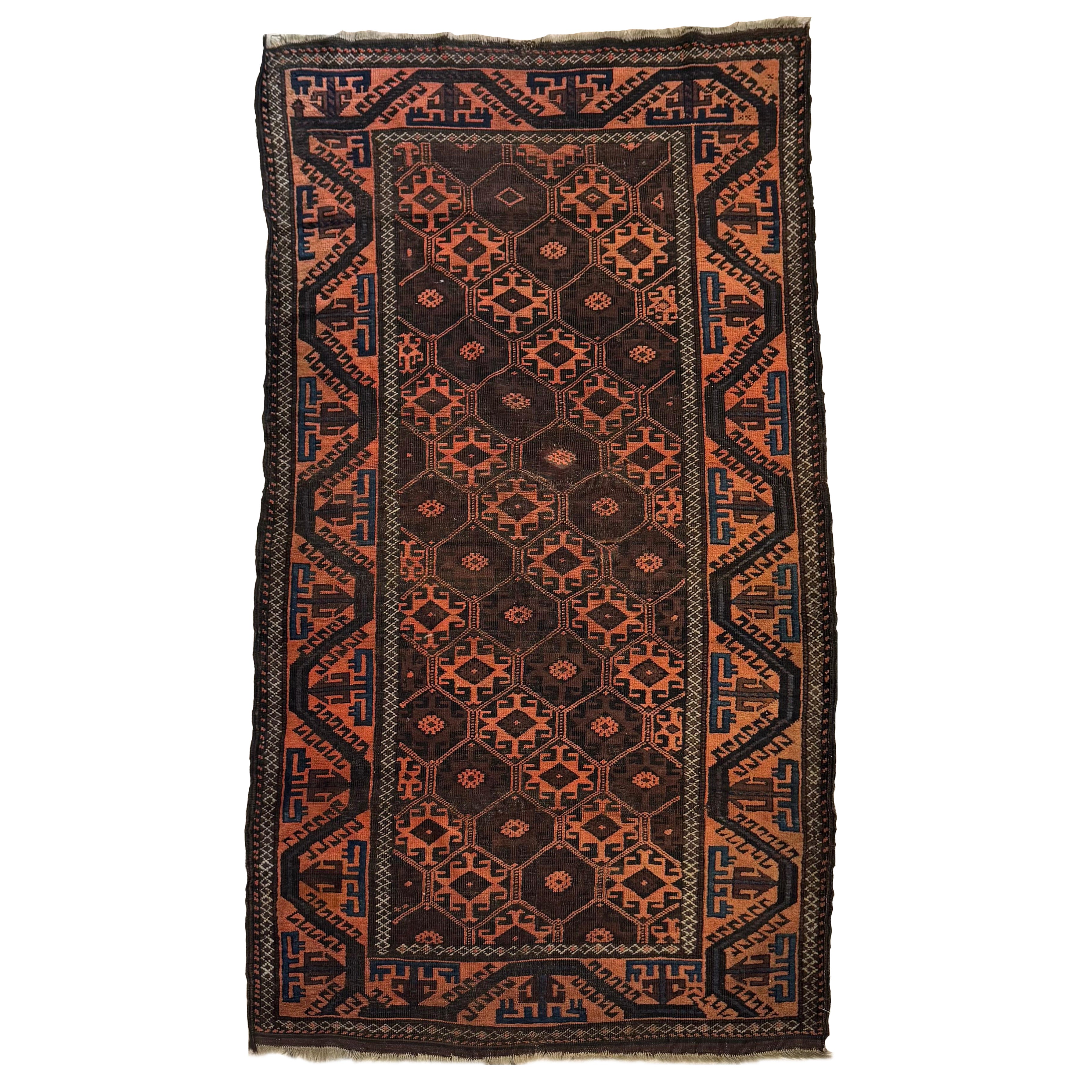 Caucasian Rust Brown Geometric Tribal Baluch Rug For Sale