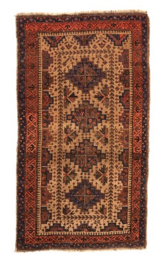 Caucasian Rust Navy Blue Brown Tan Geometric Tribal Baluch Mini Rug