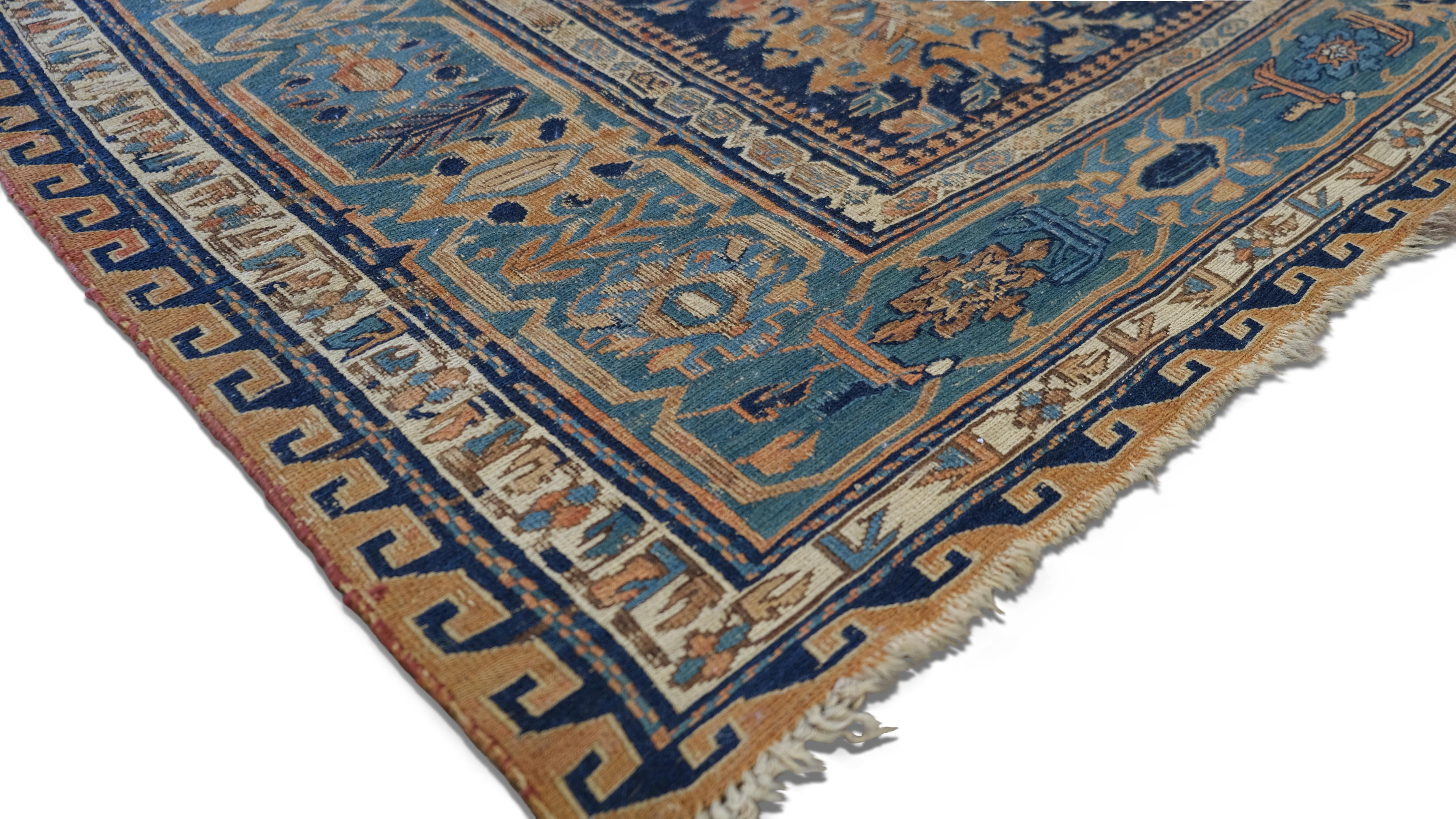 Kaukasischer Seychour Kuba Blauer geometrischer Wollteppich 5'11''x7'4'' (Viktorianisch) im Angebot
