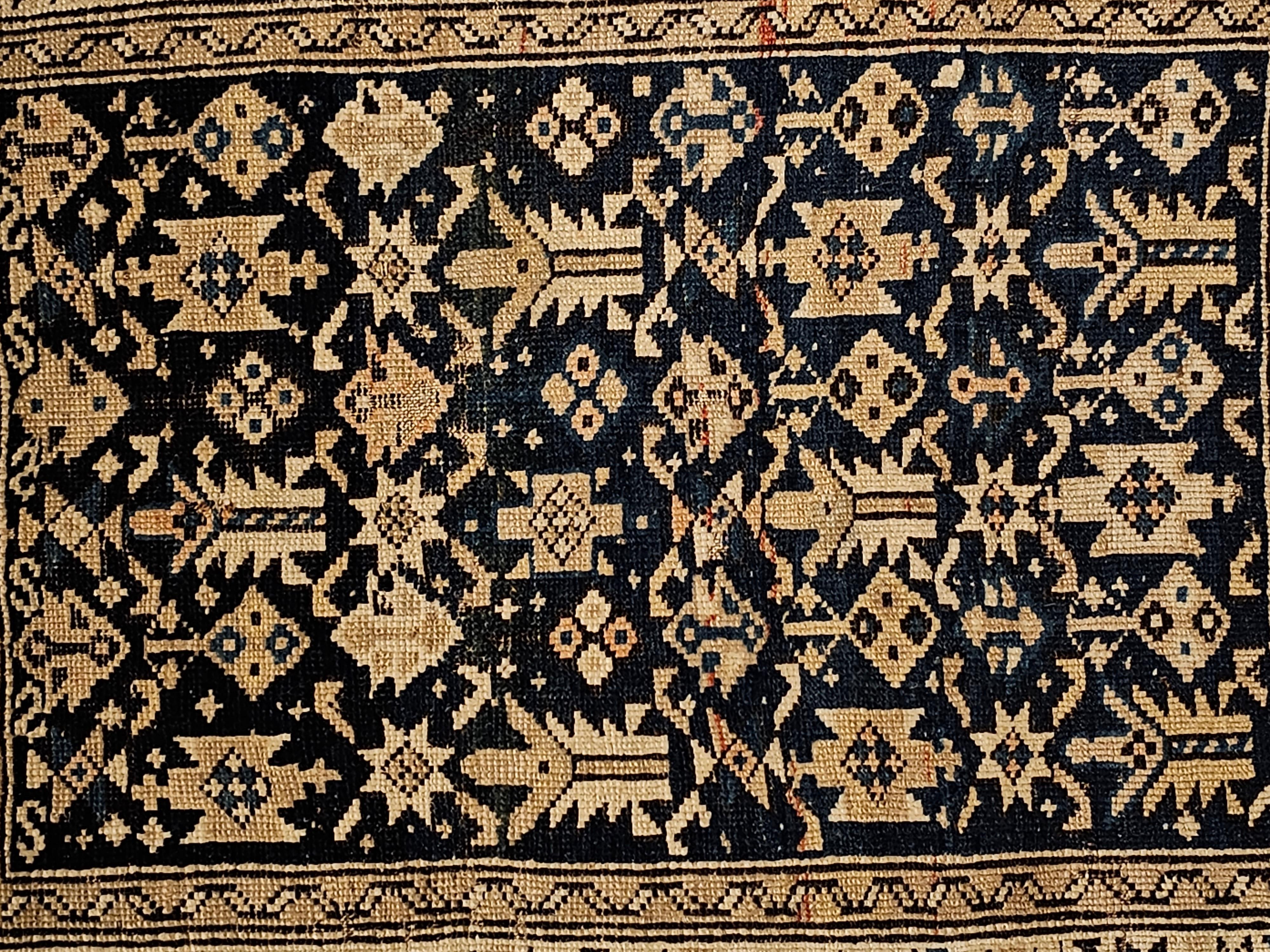 Hand-Knotted Caucasian Shirvan Bagface in Allover Pattern in Navy Blue, Ivory, French Blue For Sale