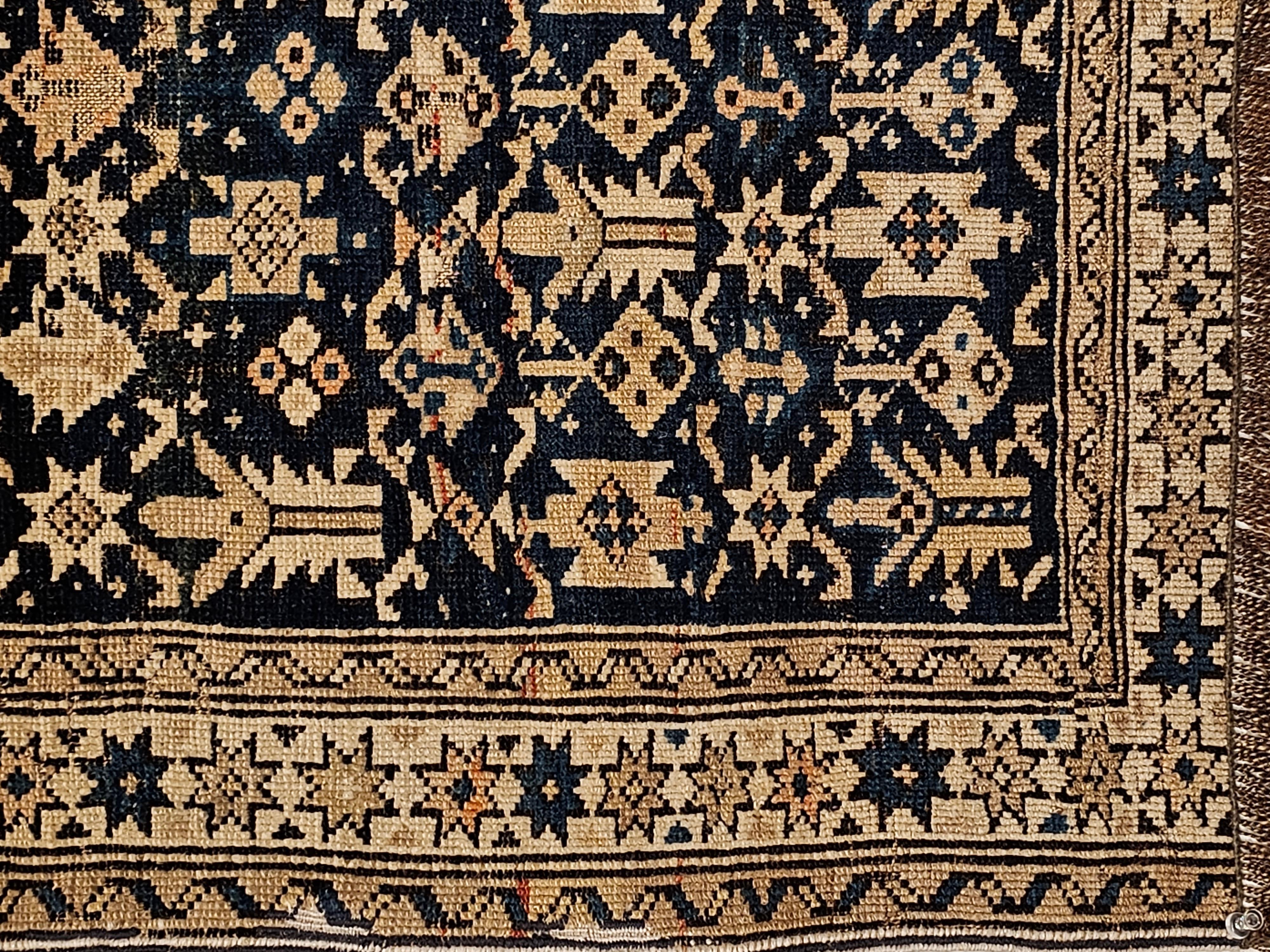 19th Century Caucasian Shirvan Bagface in Allover Pattern in Navy Blue, Ivory, French Blue For Sale