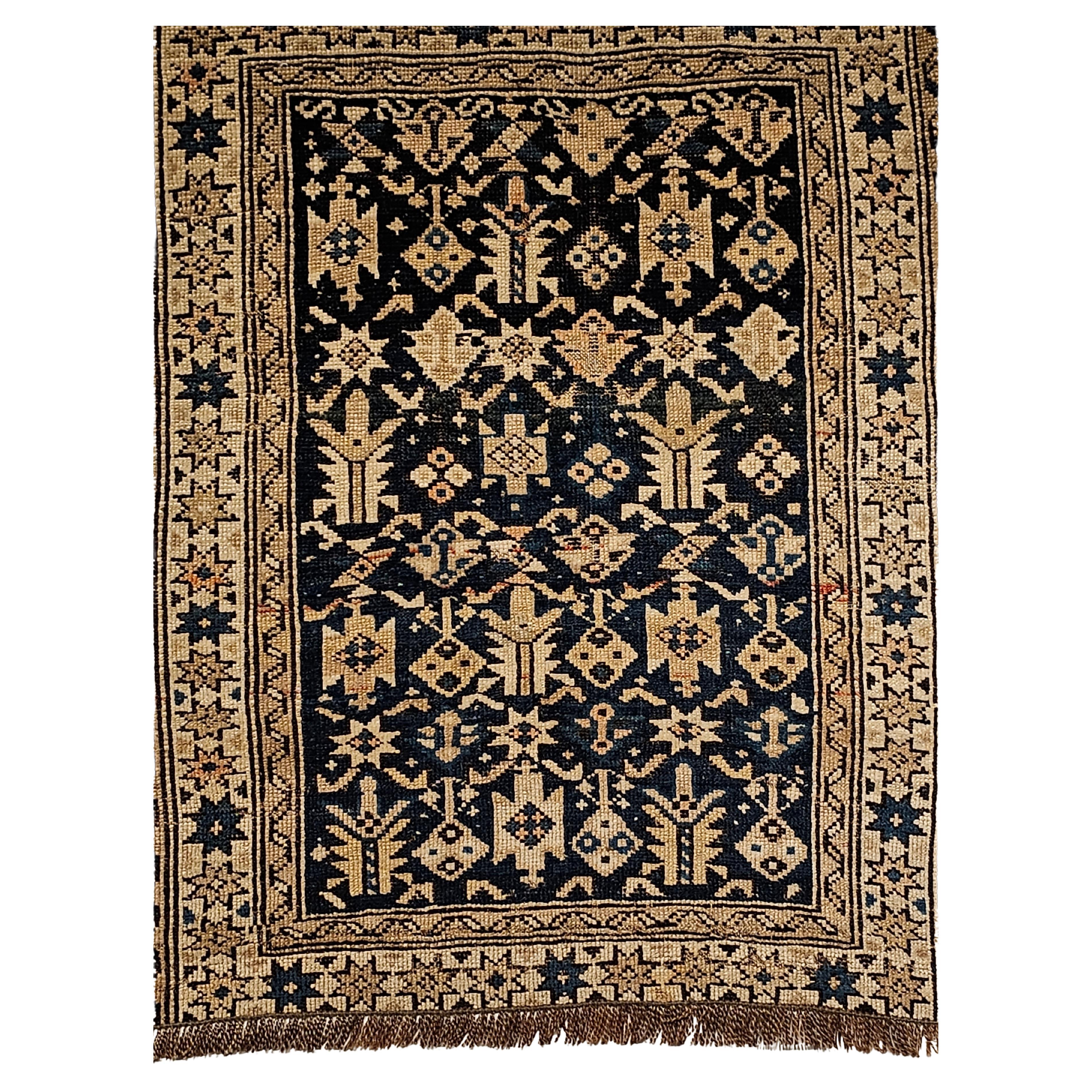 Caucasian Shirvan Bagface in Allover Pattern in Navy Blue, Ivory, French Blue