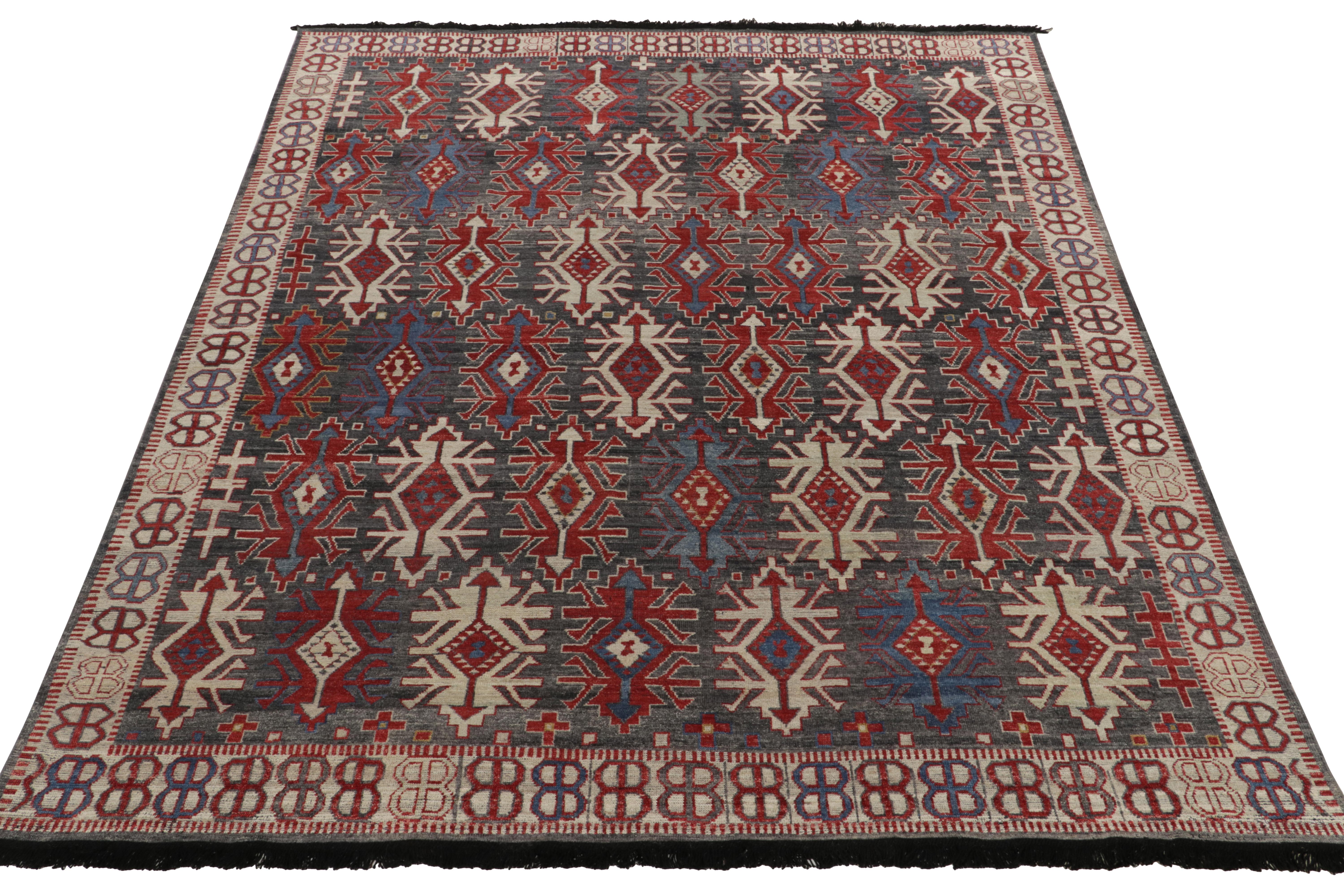 Hand-knotted in fine wool, this 6x8 rug from our Burano collection beautifully adapts the sensibility of antique caucasian kilims to tasteful pile. The splendid vision revels in tribal patterns playing joyfully in bright red, deep blue & steel gray
