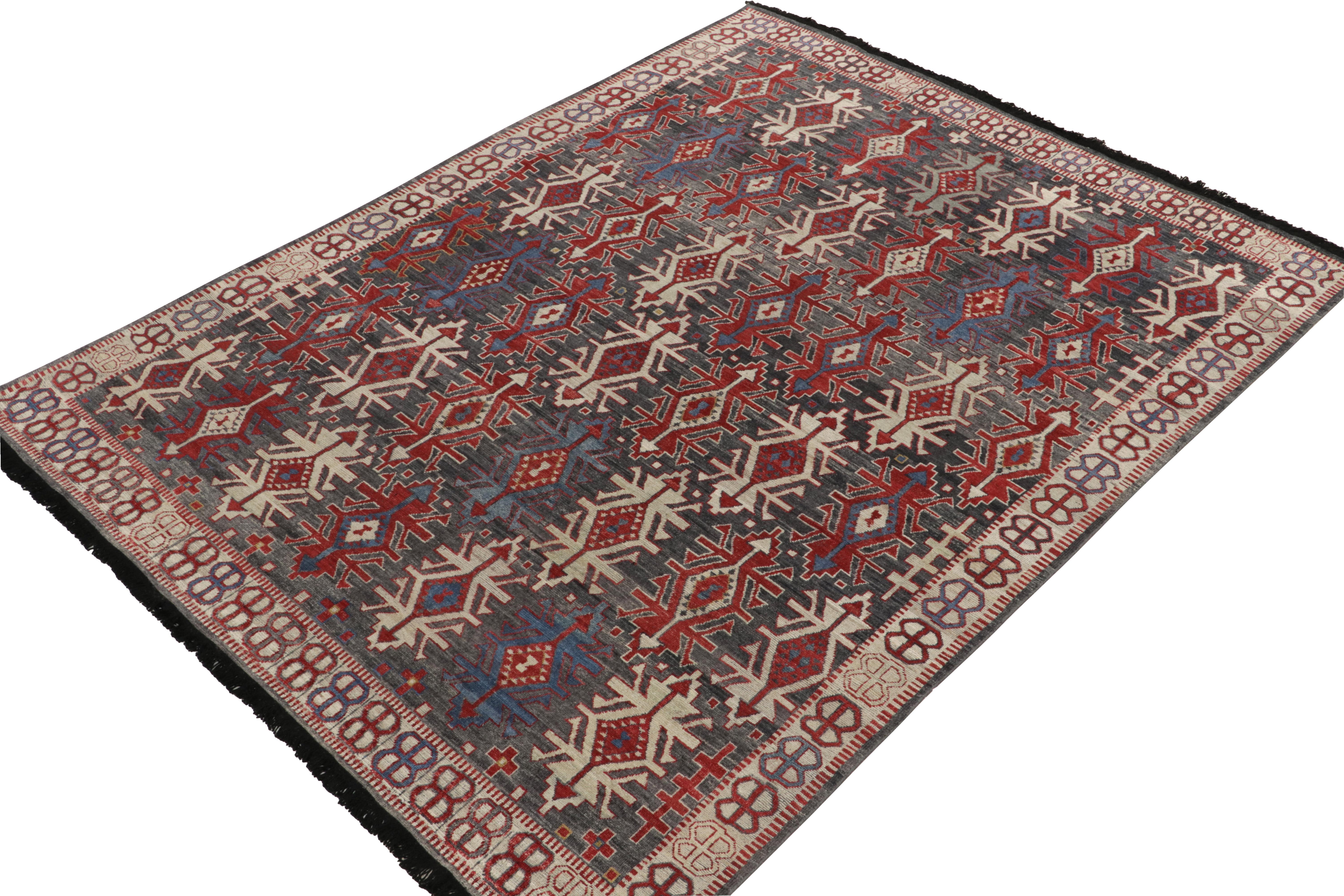 Tribal Rug & Kilim's Caucasian Style rug in Gray, Red & Blue Geometric Pattern For Sale