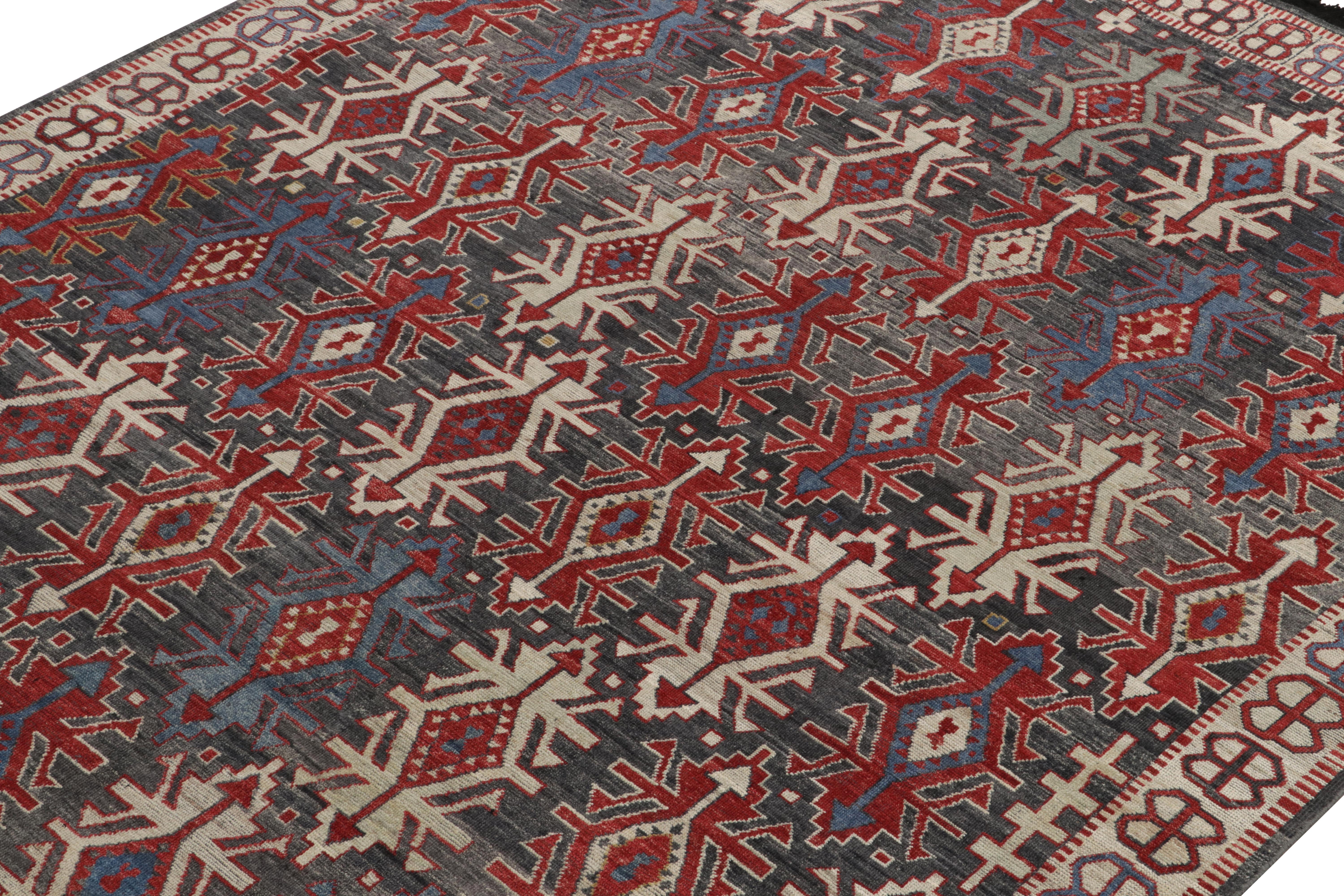Indian Rug & Kilim's Caucasian Style rug in Gray, Red & Blue Geometric Pattern For Sale