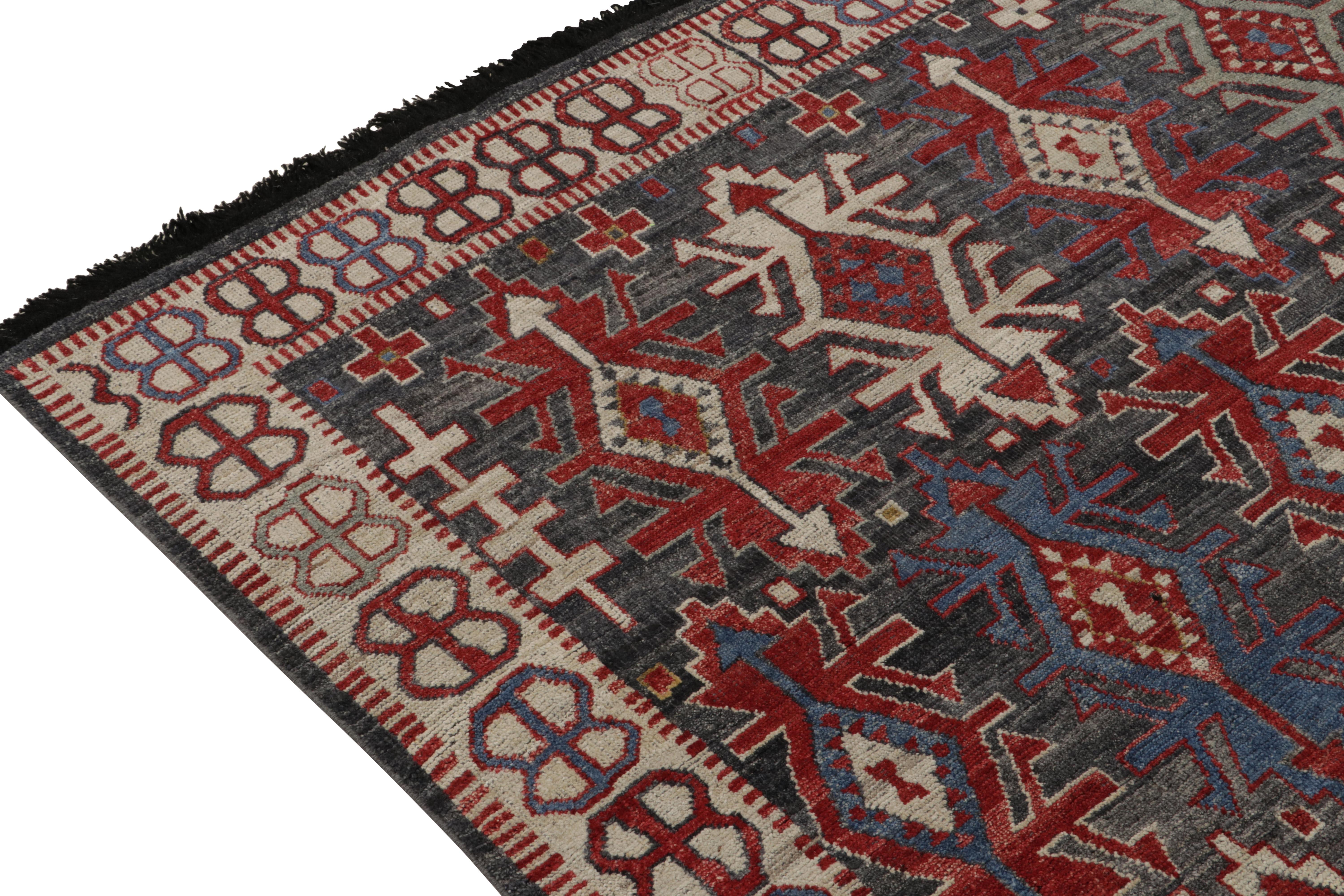 Hand-Knotted Rug & Kilim's Caucasian Style rug in Gray, Red & Blue Geometric Pattern For Sale