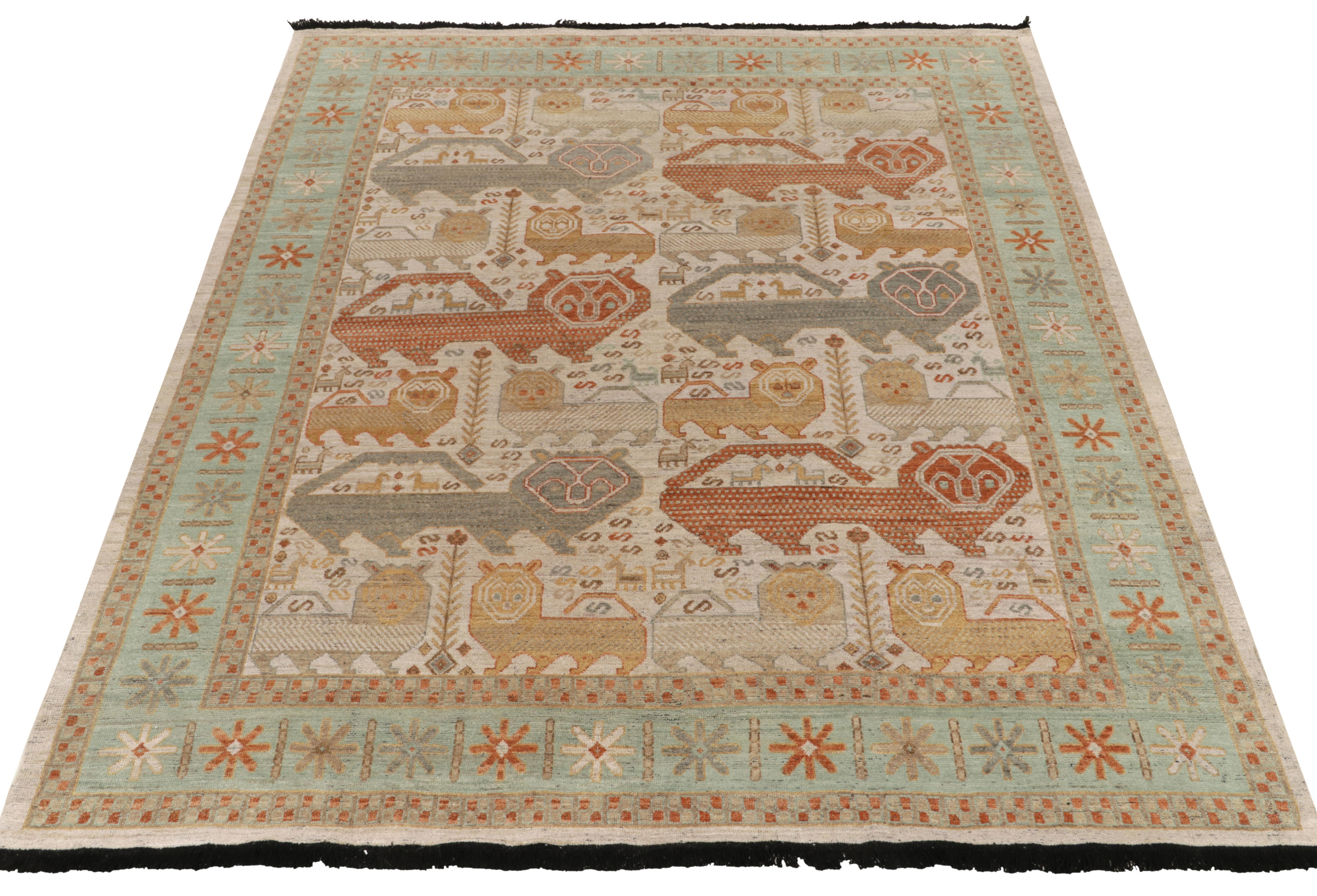 Hand-knotted in wool, an 8x10 ode to classic 18th century Caucasian rug aesthetics—from Rug & Kilim’s extensive Burano Collection. 

The carpet draws on tribal lion pictorials in muted orange, slate gray, light turquoise green & gold atop crisp