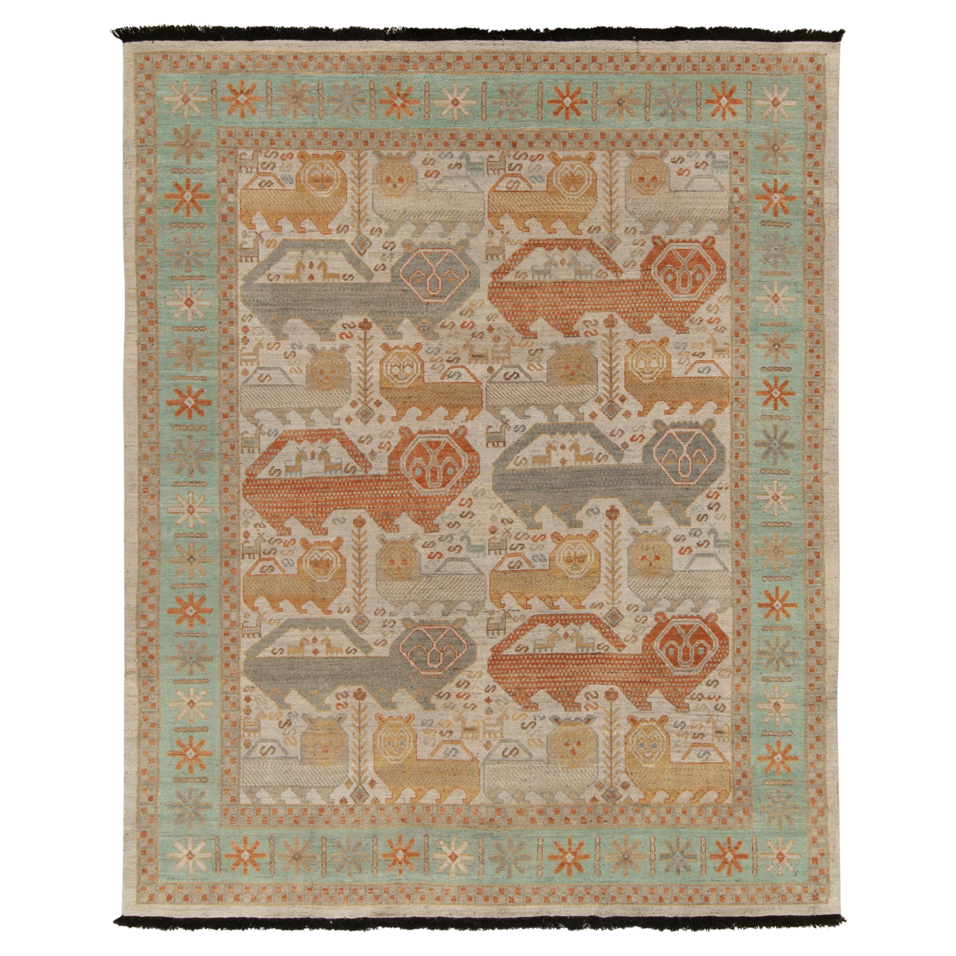 Rug & Kilim's Caucasian Style Rug in Orange, Gray, Green Pictorial Pattern For Sale
