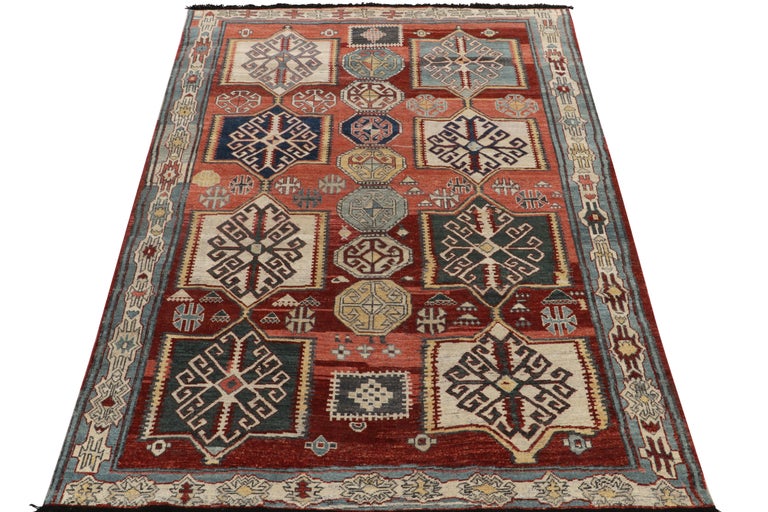 Hand-knotted in wool, this 6x9 rug from our Burano collection beautifully adapts the sensibility of antique caucasian kilims to tasteful pile. The splendid vision revels in tribal patterns playing joyfully in bright red, tangerine, deep blue,