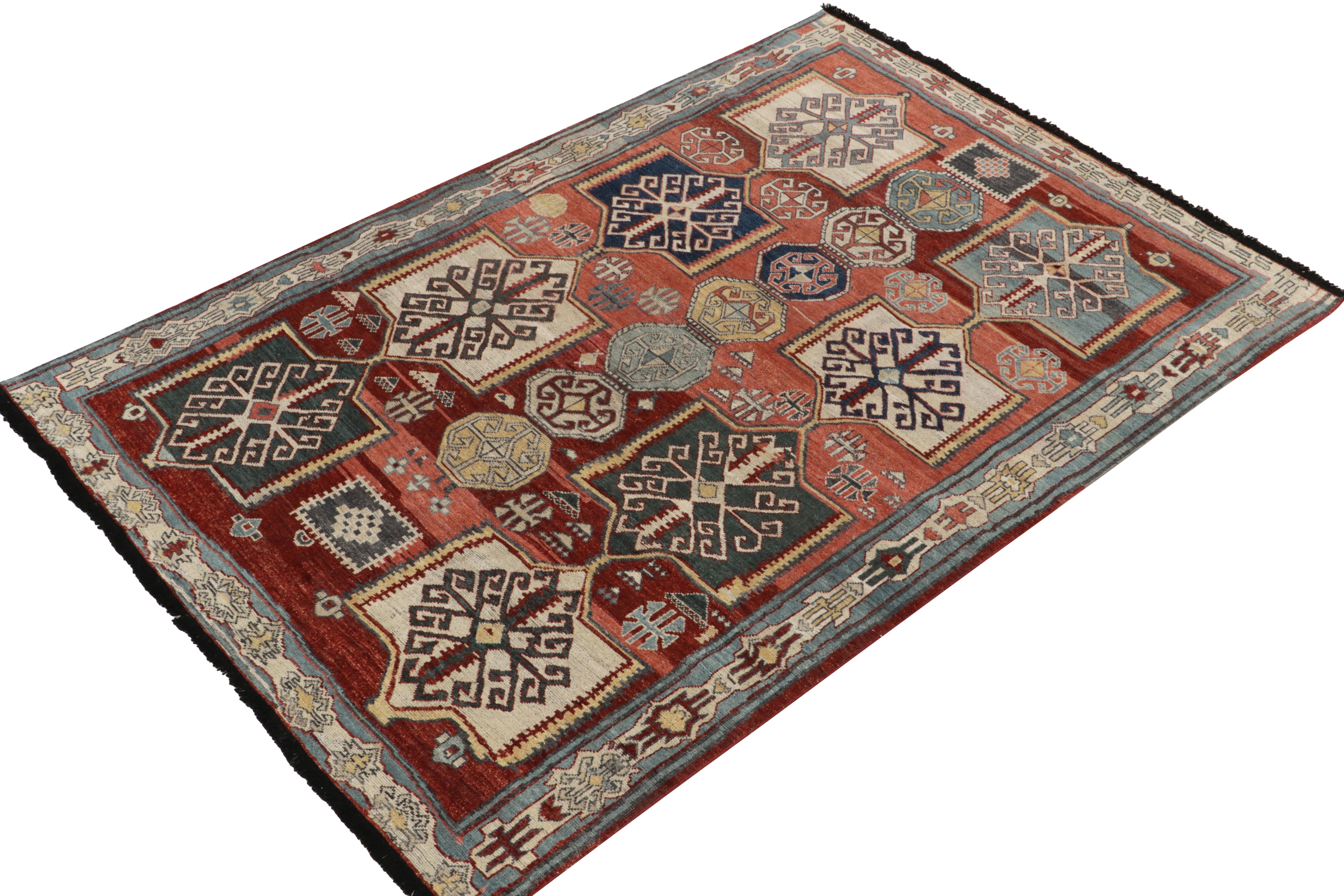 Tribal Rug & Kilim's Caucasian Style Rug in Red, Blue and White Geometric Pattern For Sale