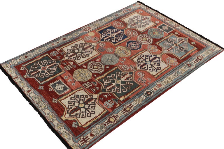 Tribal Caucasian Style Rug in Red, Blue and White Geometric Pattern by Rug & Kilim For Sale