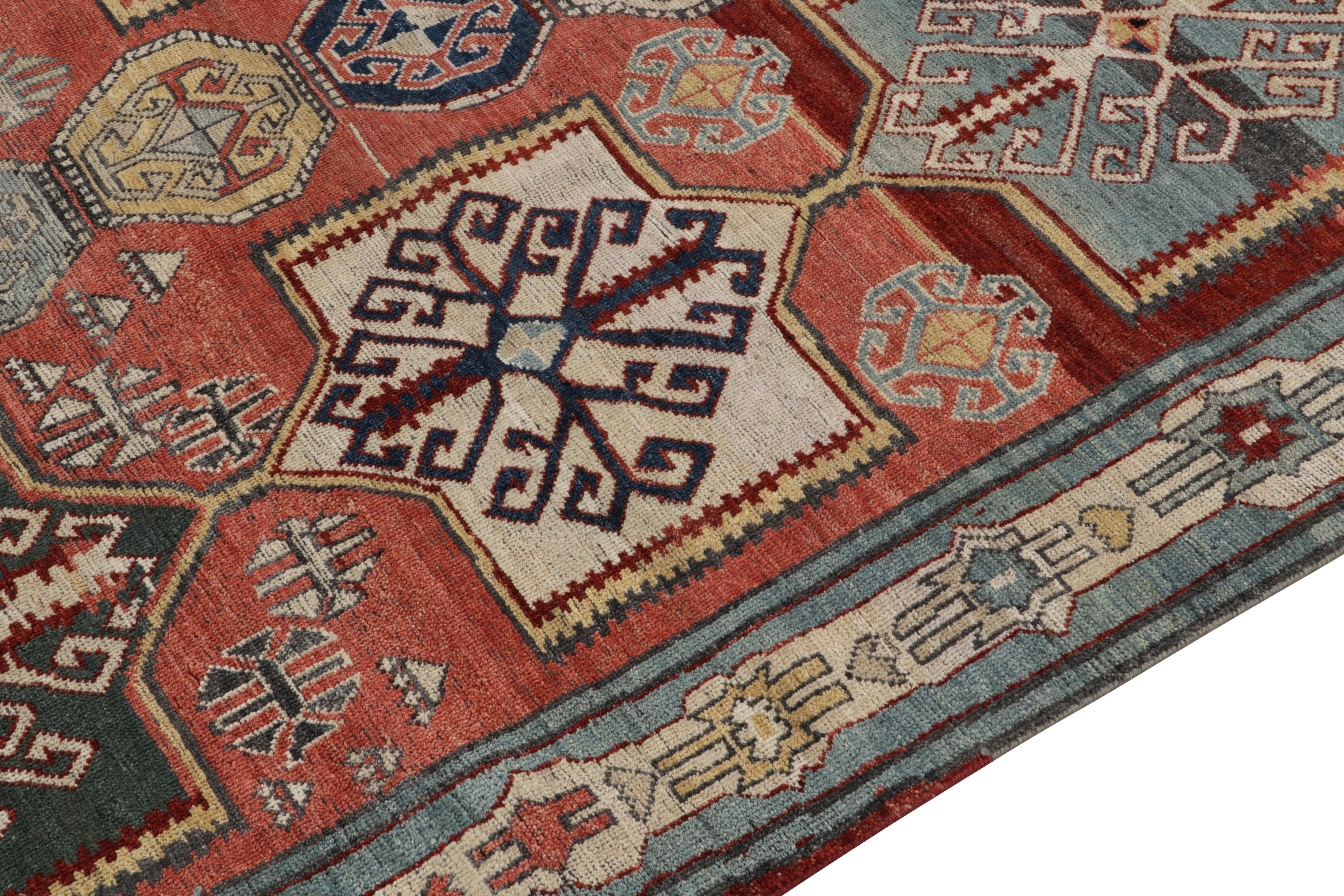 Hand-Knotted Rug & Kilim's Caucasian Style Rug in Red, Blue and White Geometric Pattern For Sale