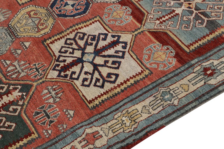 Hand-Knotted Caucasian Style Rug in Red, Blue and White Geometric Pattern by Rug & Kilim For Sale