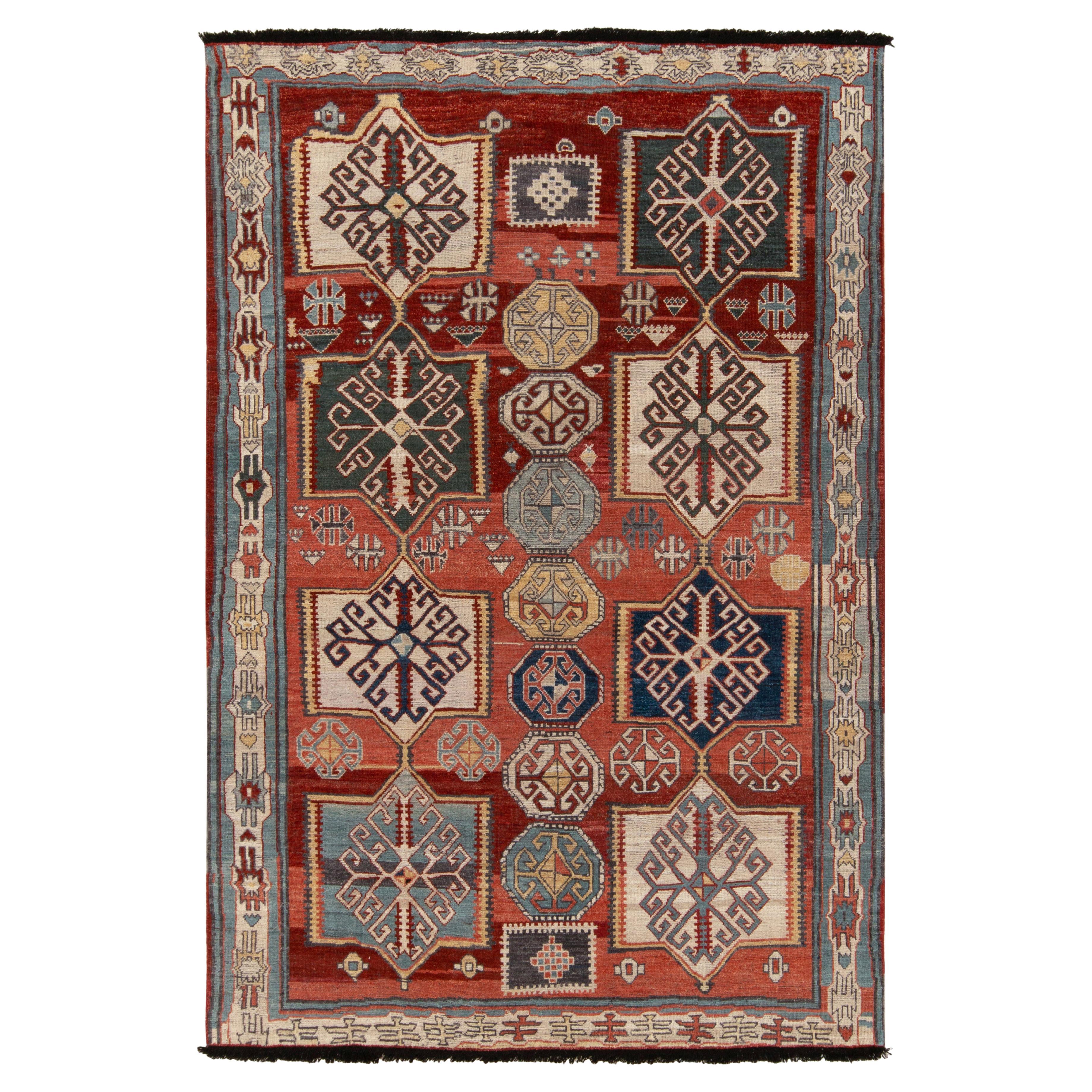 Caucasian Style Rug in Red, Blue and White Geometric Pattern by Rug & Kilim