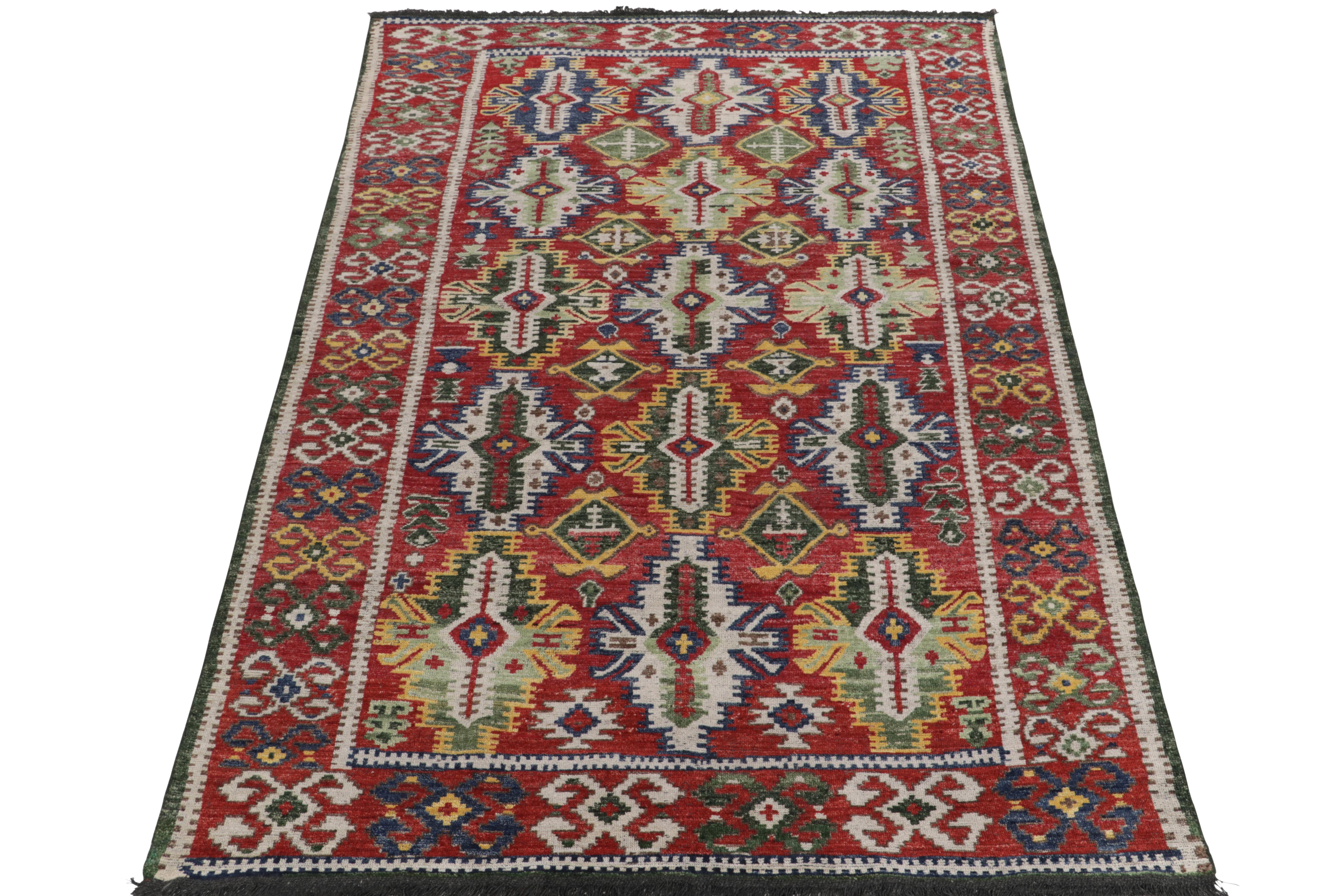 Hand-knotted in fine wool, this 8 x 11 rug from our Burano collection beautifully adapts the sensibility of antique caucasian kilims to tasteful pile. The splendid vision revels in tribal patterns playing joyfully in bright red, yellow, deep blue,