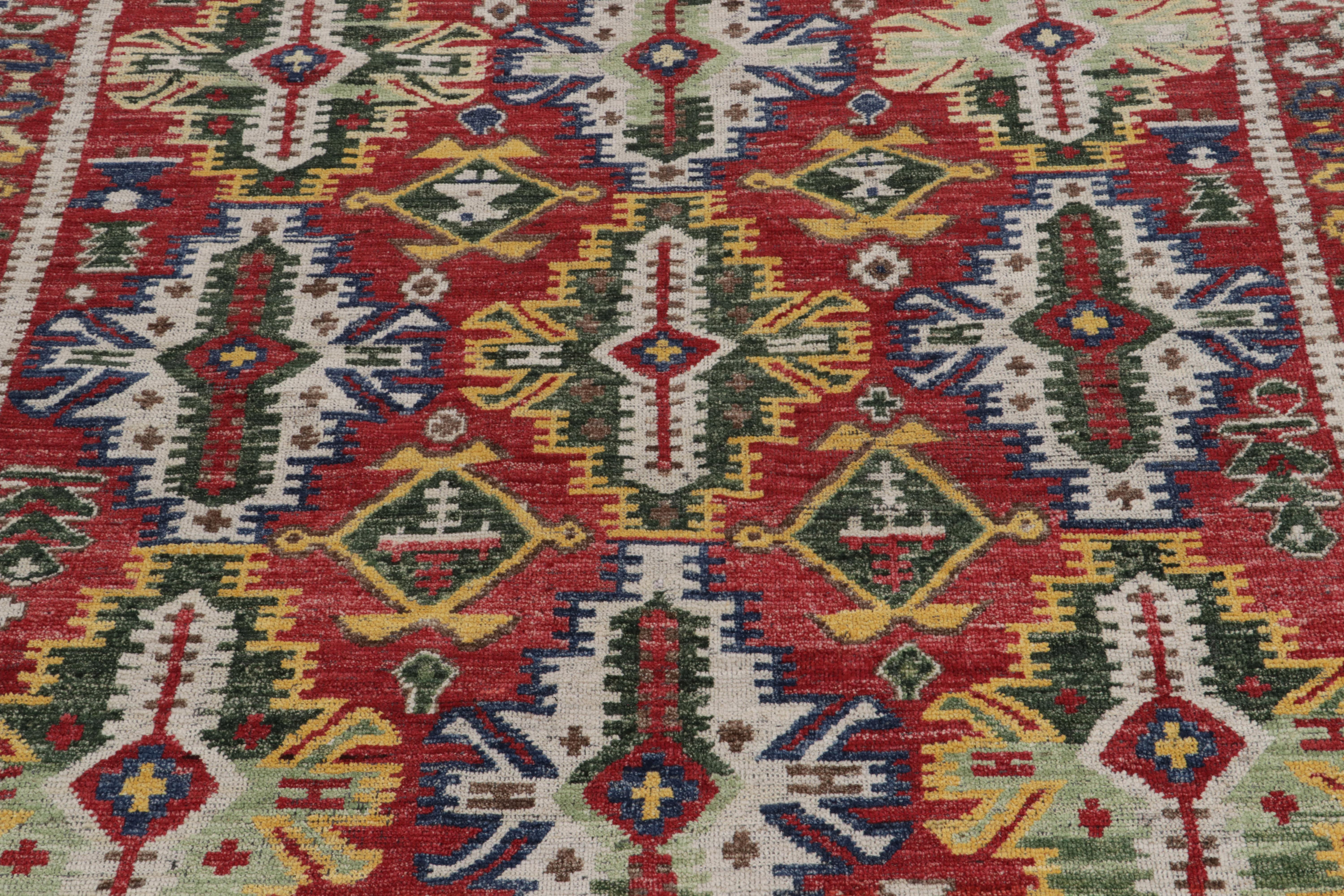 Indian Rug & Kilim's Caucasian Style Rug in Red, Green and White Geometric Pattern For Sale