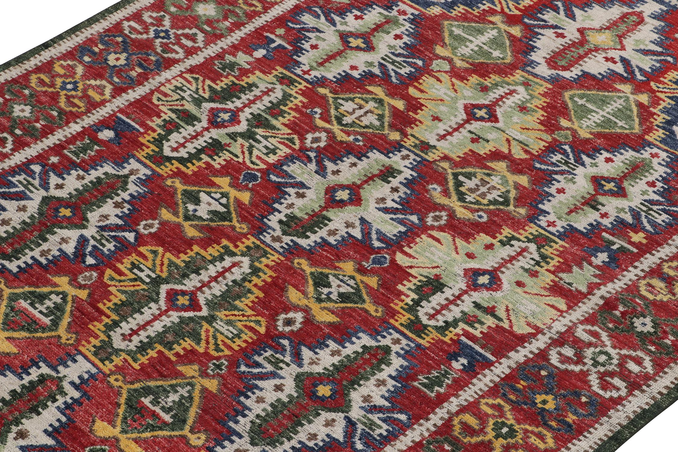 Hand-Knotted Rug & Kilim's Caucasian Style Rug in Red, Green and White Geometric Pattern For Sale