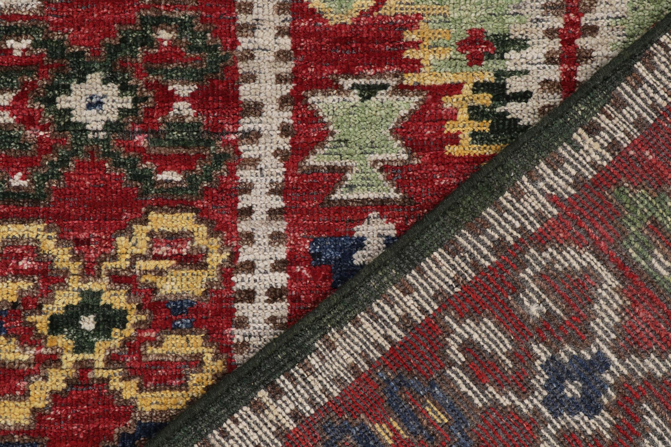 Contemporary Rug & Kilim's Caucasian Style Rug in Red, Green and White Geometric Pattern For Sale