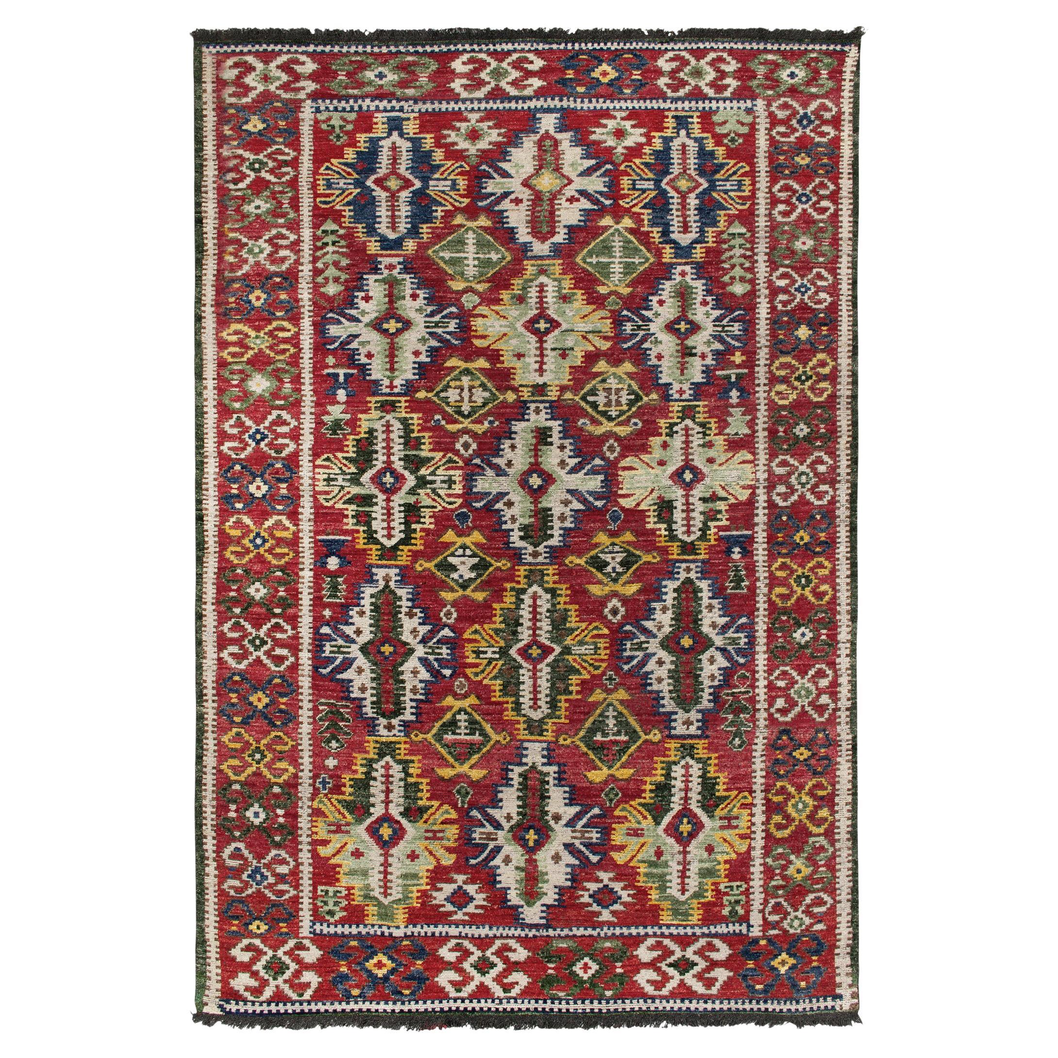 Caucasian Style Rug in Red, Green and White Geometric Pattern by Rug & Kilim