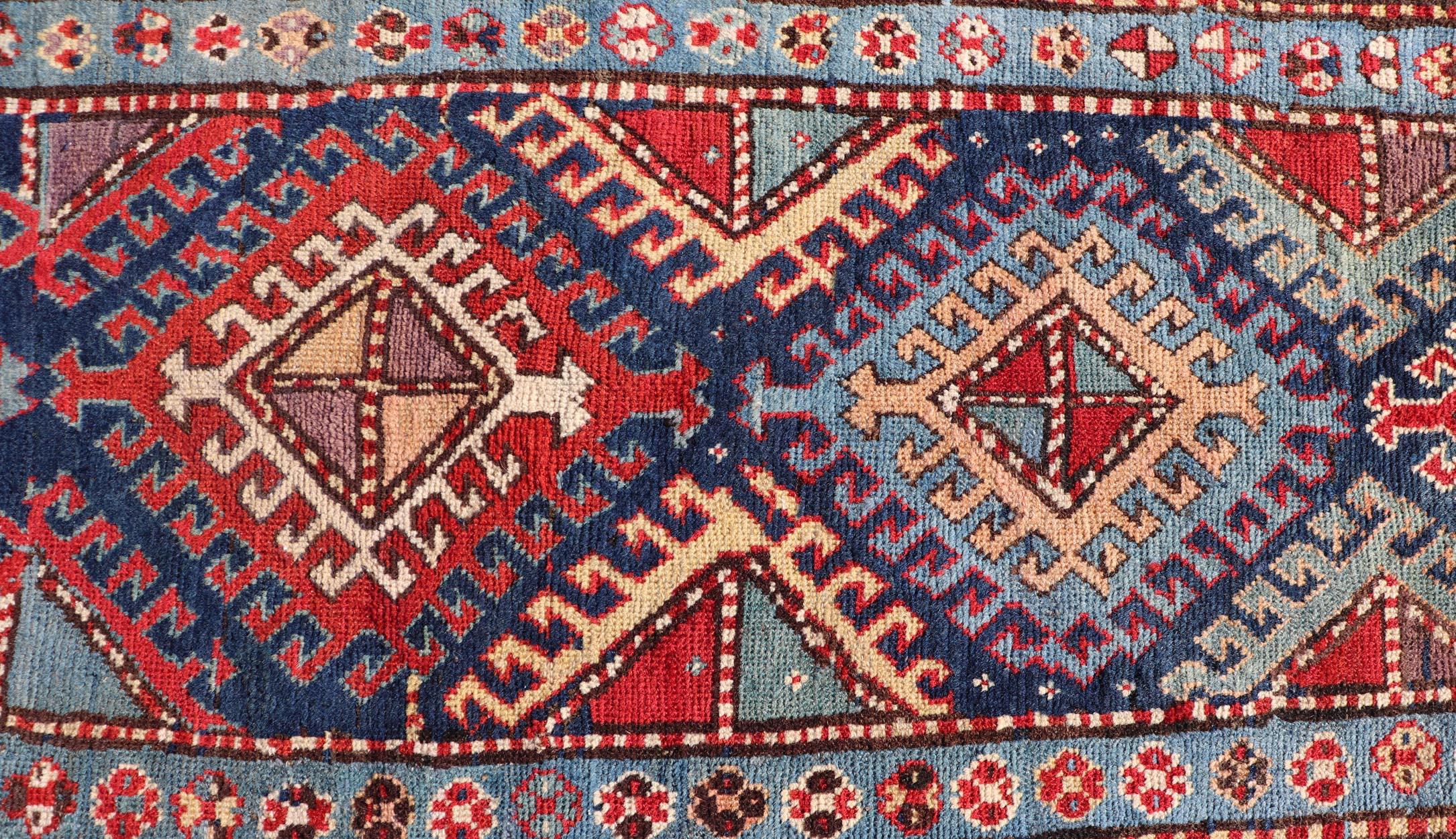 Caucasian Talish Rug with Vibrant Geometric Patterns and Rich Color 4'1 x 8'6 For Sale 2