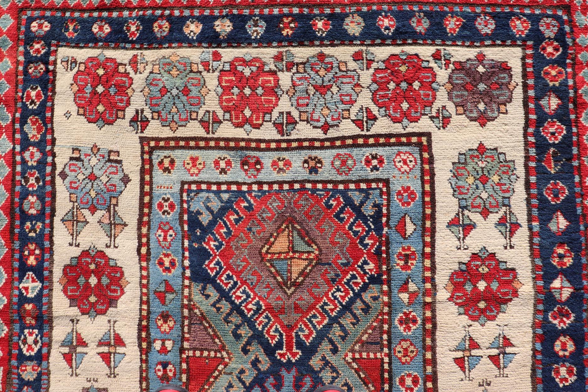 Caucasian Talish Rug with Vibrant Geometric Patterns and Rich Color 4'1 x 8'6 For Sale 3