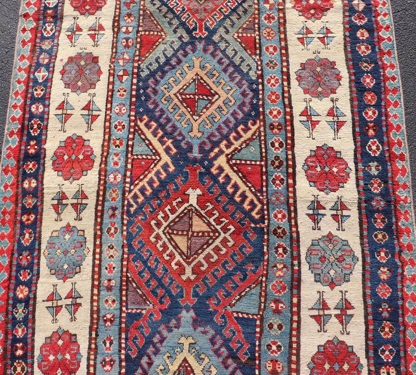 Measures: 4'1 x 8'6 
Caucasian Talish Rug with Vibrant Geometric Patterns and Rich Color 4'1 x 8'6. Keivan Woven Arts/ rug/X23-0807-26, country of origin / type: Caucasus / Talish, circa 1880.

This antique Caucasian Talish rug showcases an