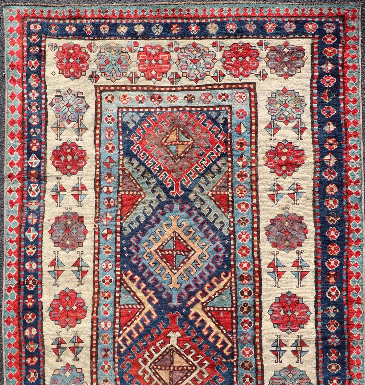 Kazak Caucasian Talish Rug with Vibrant Geometric Patterns and Rich Color 4'1 x 8'6 For Sale