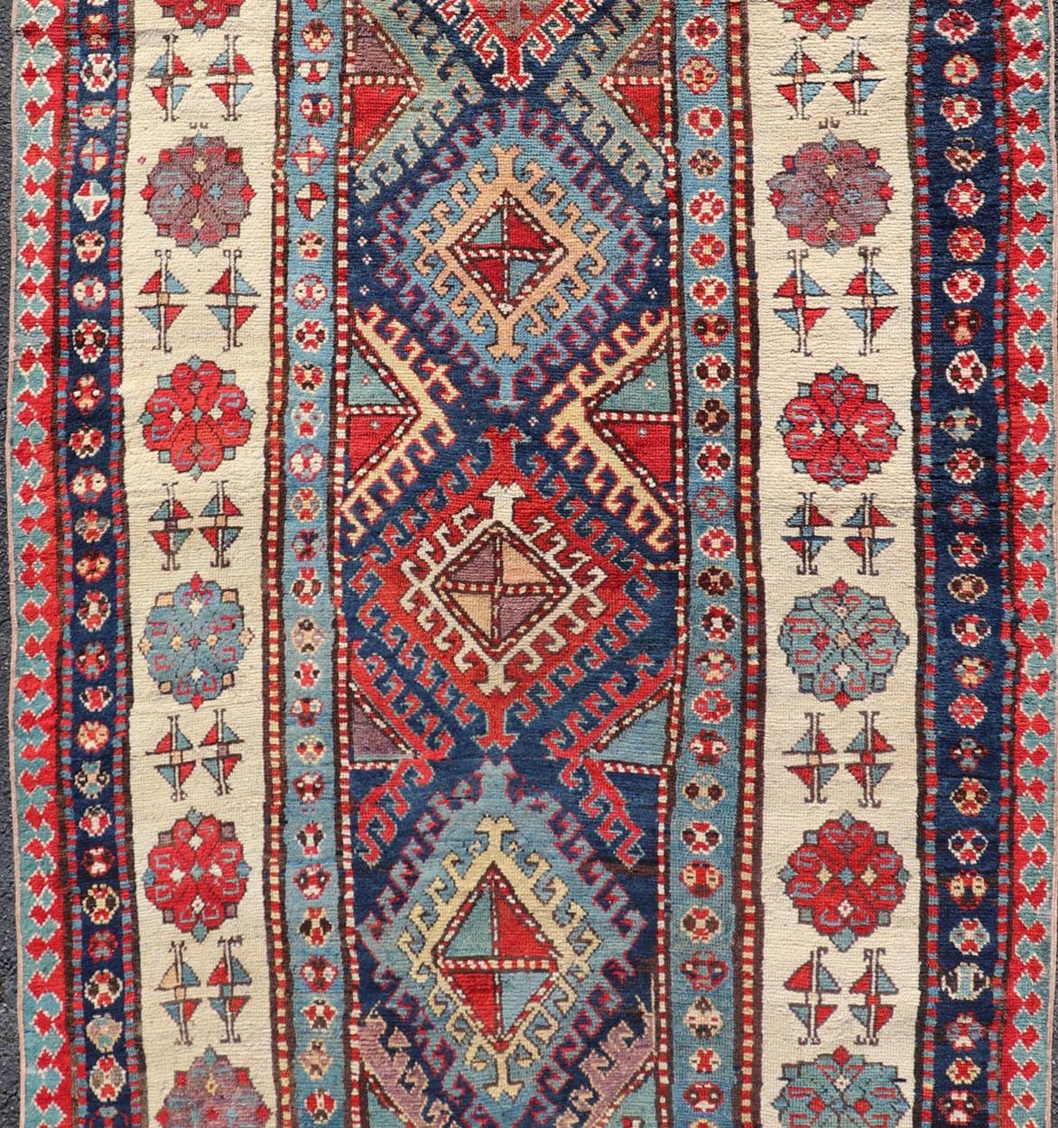 Armenian Caucasian Talish Rug with Vibrant Geometric Patterns and Rich Color 4'1 x 8'6 For Sale