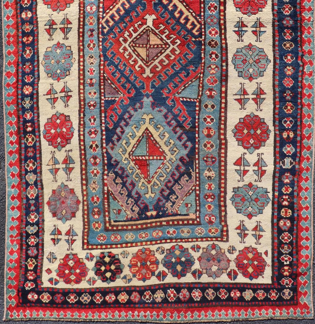 Hand-Knotted Caucasian Talish Rug with Vibrant Geometric Patterns and Rich Color 4'1 x 8'6 For Sale
