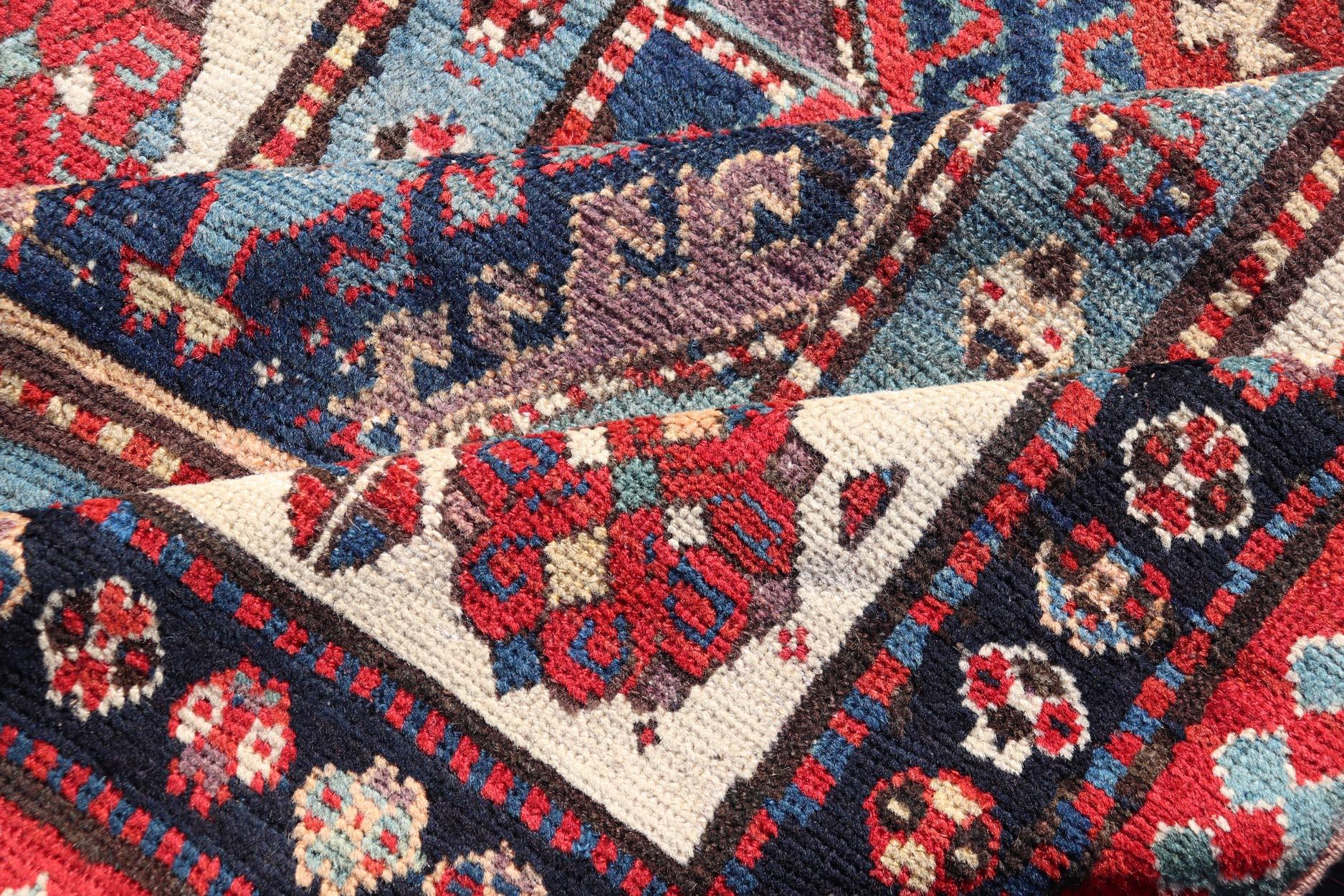 Caucasian Talish Rug with Vibrant Geometric Patterns and Rich Color 4'1 x 8'6 In Good Condition For Sale In Atlanta, GA