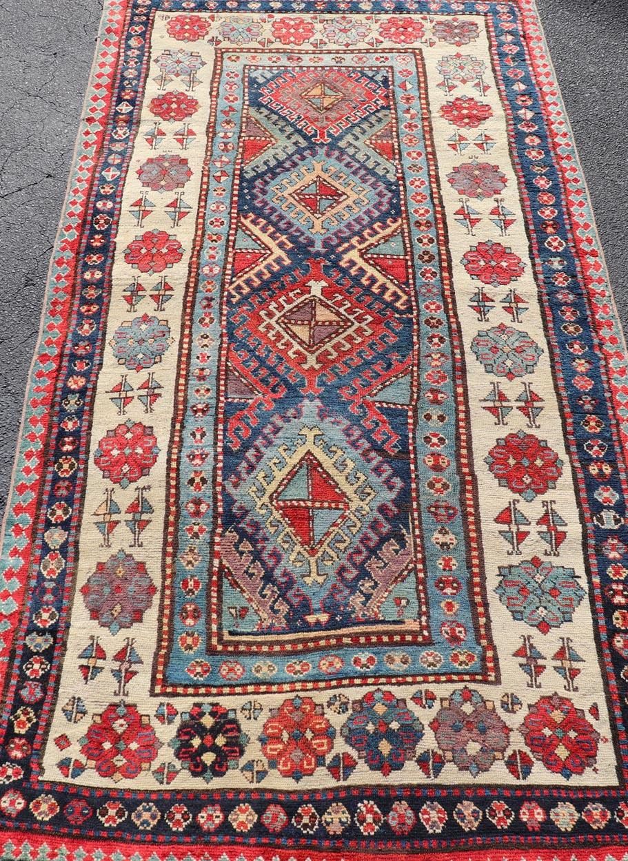 19th Century Caucasian Talish Rug with Vibrant Geometric Patterns and Rich Color 4'1 x 8'6 For Sale