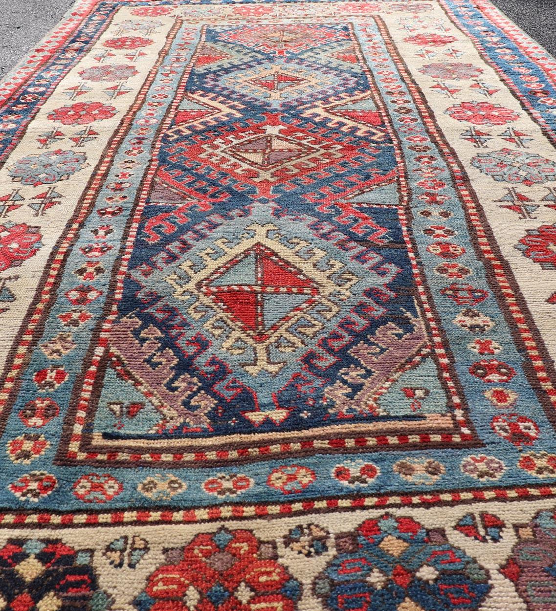 Wool Caucasian Talish Rug with Vibrant Geometric Patterns and Rich Color 4'1 x 8'6 For Sale