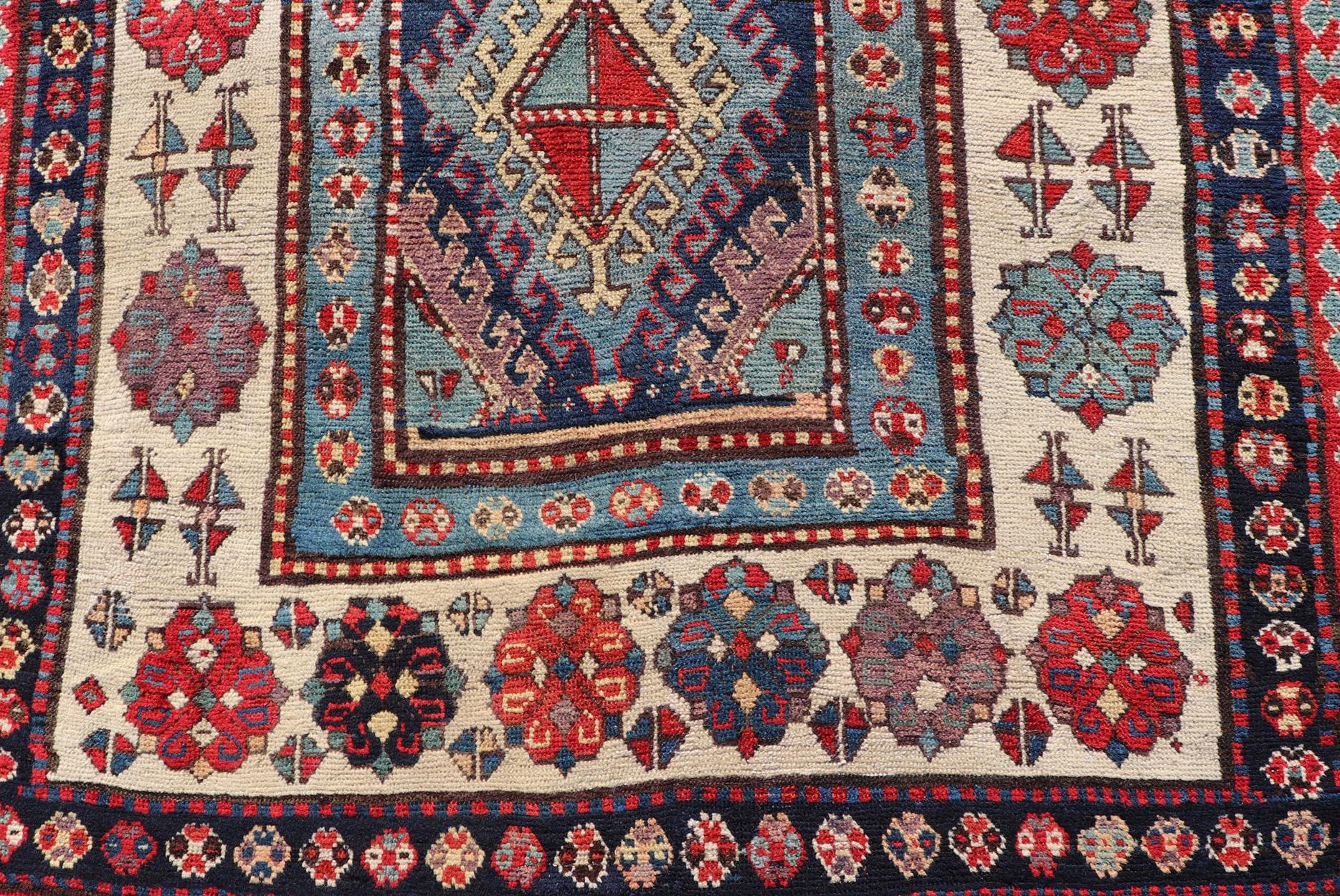 Caucasian Talish Rug with Vibrant Geometric Patterns and Rich Color 4'1 x 8'6 For Sale 1