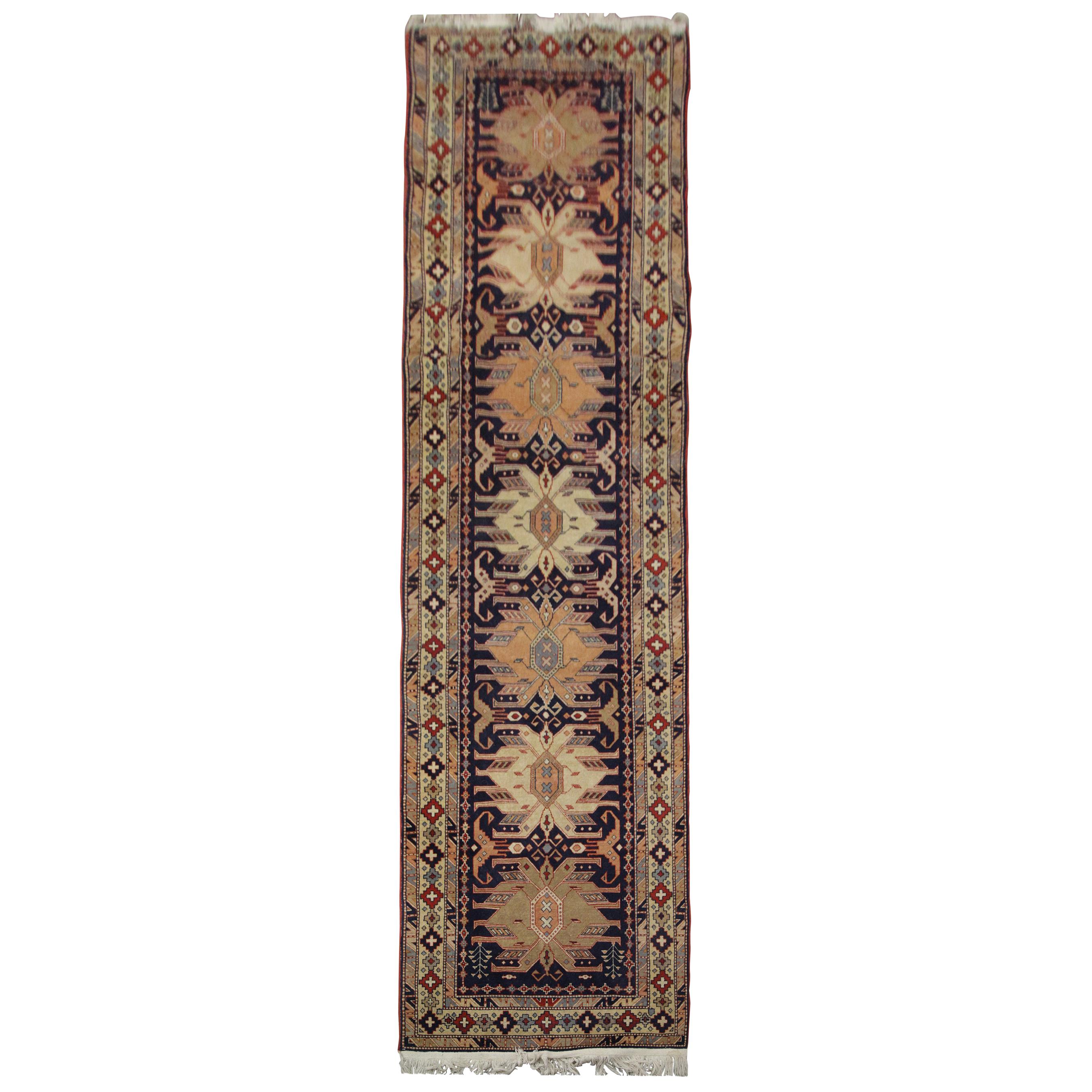 Caucasian Vintage Runner Rug, Handmade Carpet Oriental Rug Wool Stair Runner