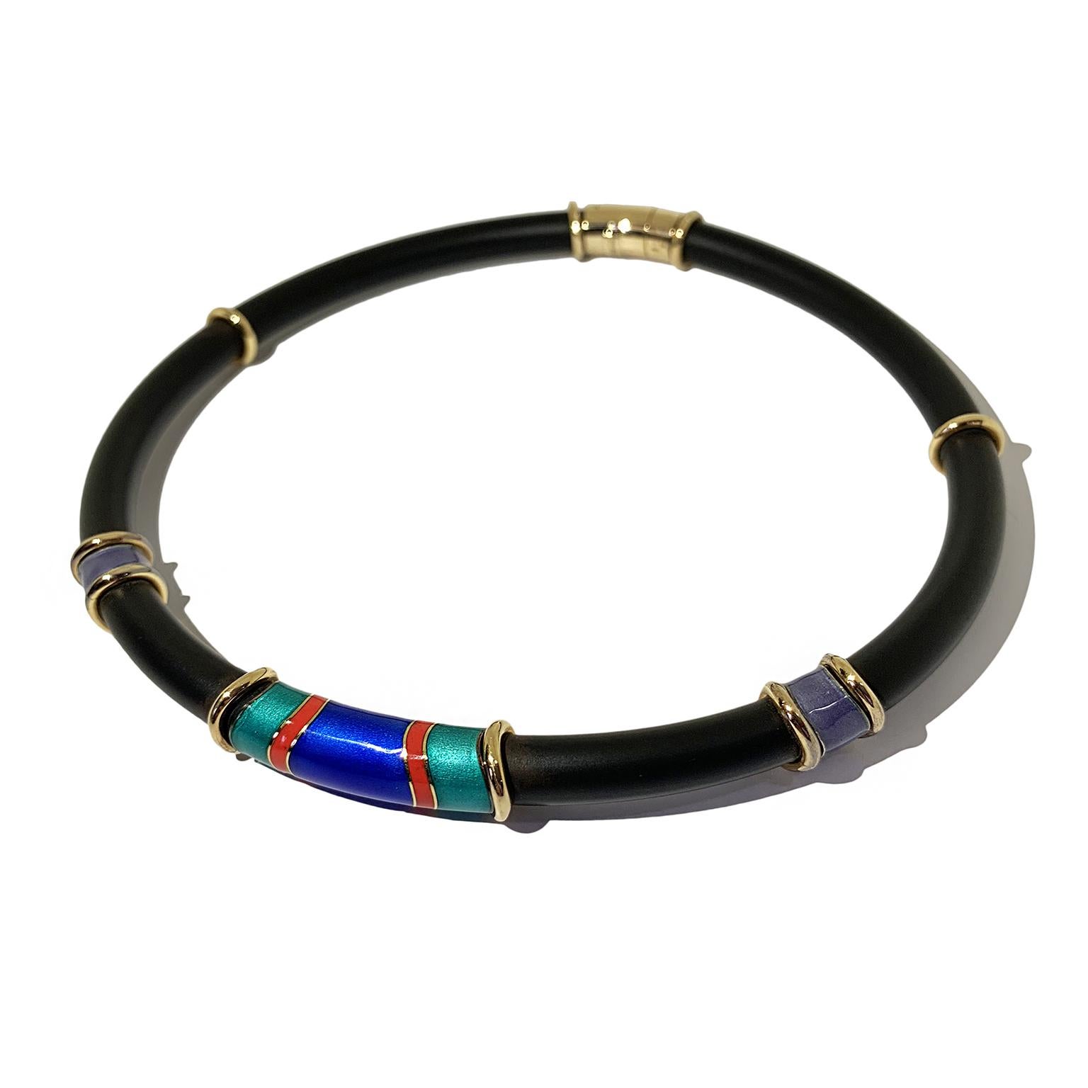 Caucciù necklace in 18kt gold  turquoise blu and red