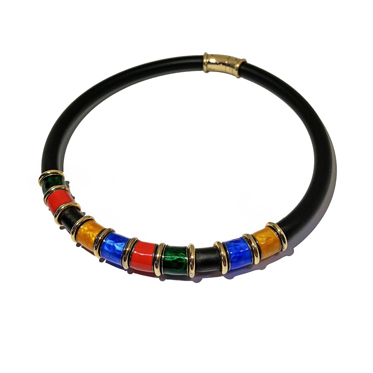 Caucciù necklace in 18kt gold 
yellow blu black green red and turquoise enameled