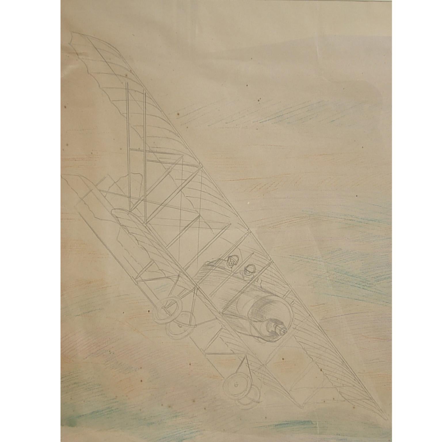 Pencil-drawing by Riccardo Cavigioli in the early 1920s depicting a two-seat biplane airplane for reconnaissance Caudron G III, French production of 1914, equipped with a Le Rhone 80 hp engine. Aircraft lacking in speed and effective defence,