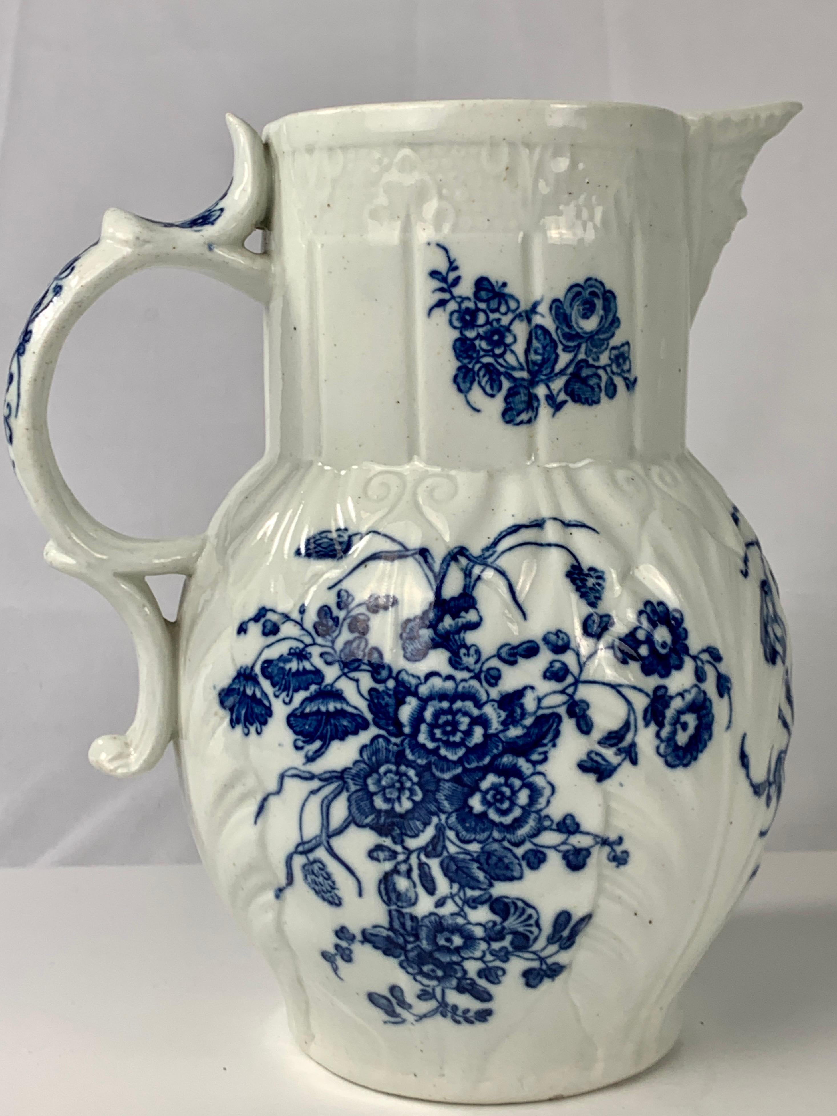Caughley made this blue and white pitcher in England, in the mid 18th century, circa 1765.
Around the time that this pitcher was made English porcelain makers discovered the technique for printing on porcelain.
Caughley made several exquisite blue
