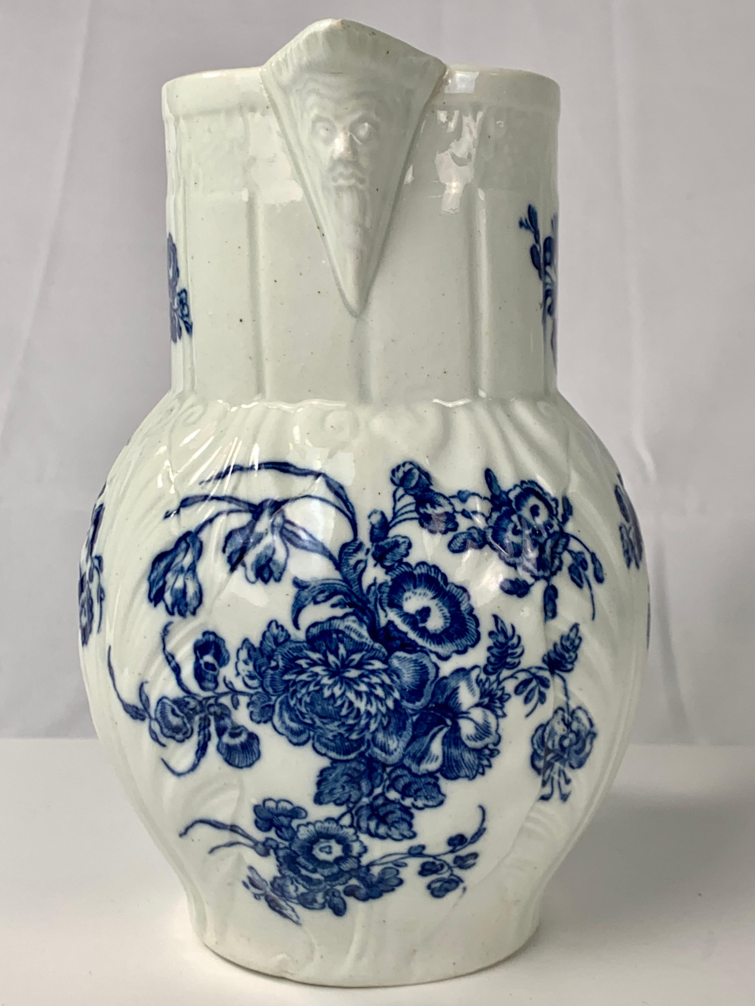 Caughley Blue and White Mask-Spout Pitcher Printed Flowers In Excellent Condition In Katonah, NY