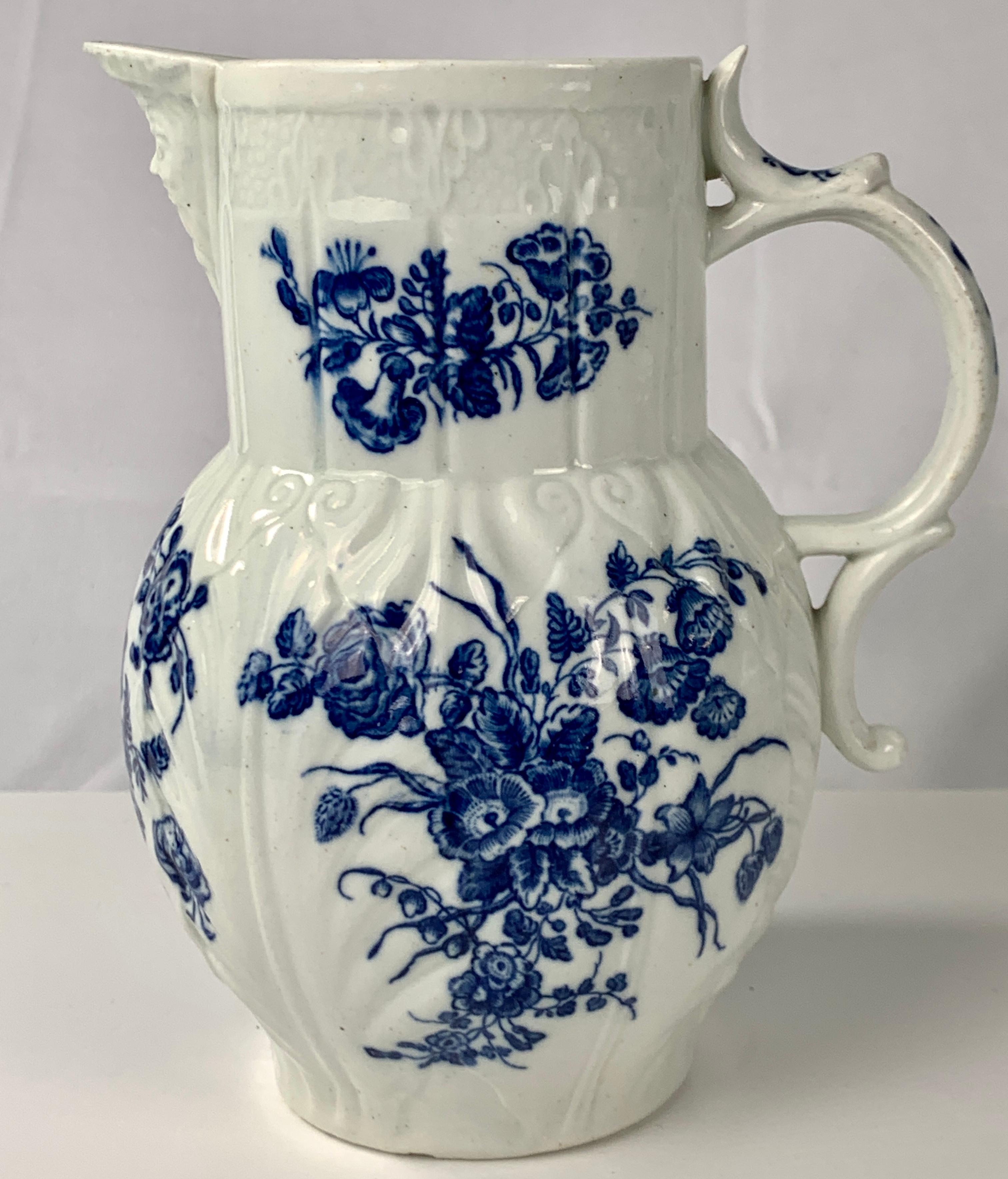 18th Century Caughley Blue and White Mask-Spout Pitcher Printed Flowers