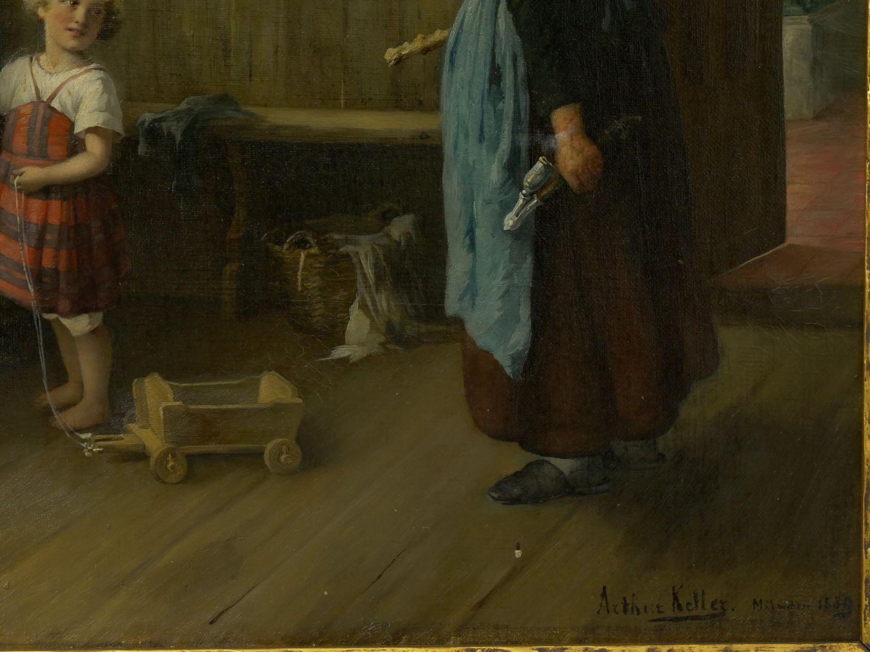 Hand-Painted “Caught Smoking” Interior Oil Painting by Arthur Keller (American, 1866-1924)