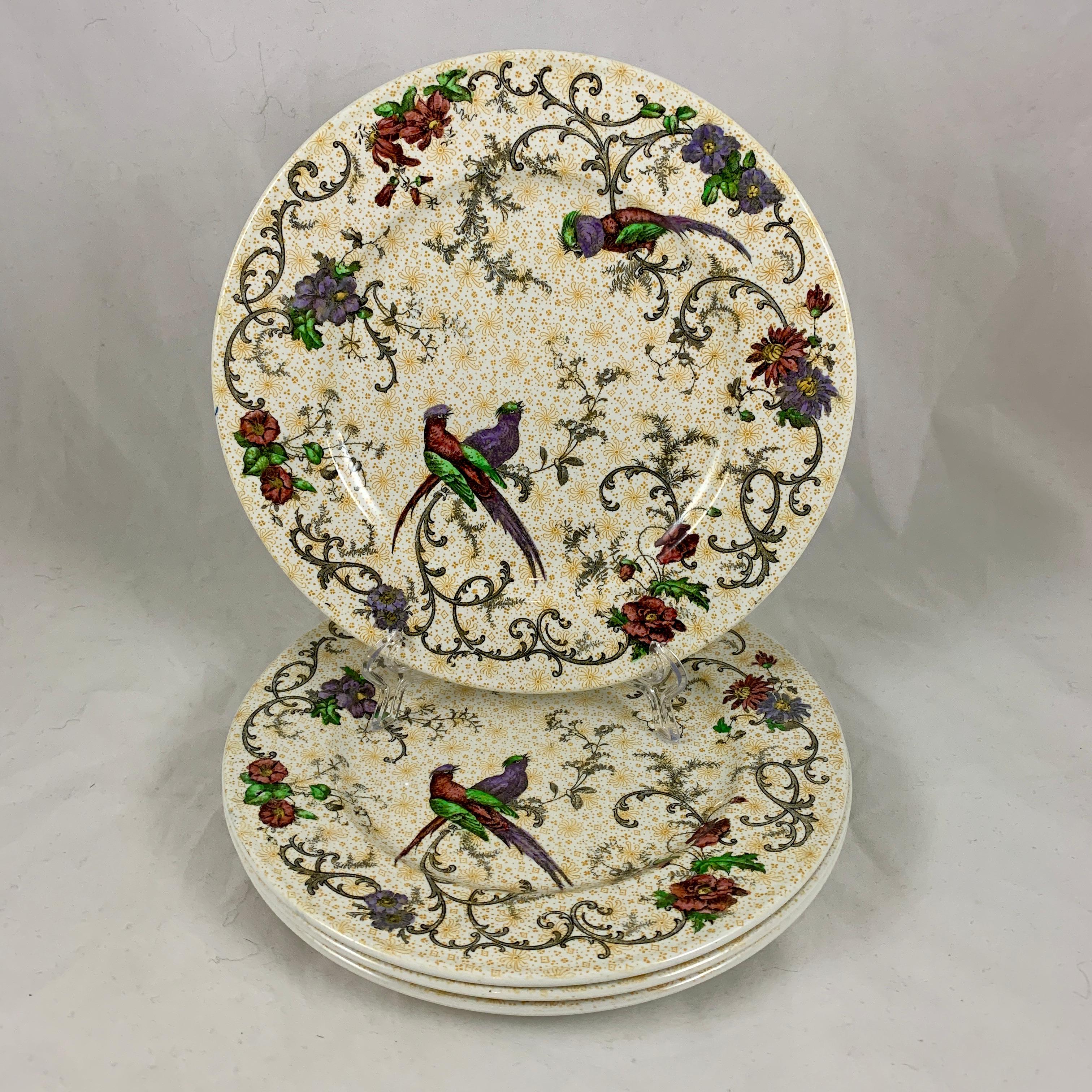 Cauldon English Chinoiserie 'Bird of Paradise' Chintz Transferware Plates, S/4 1