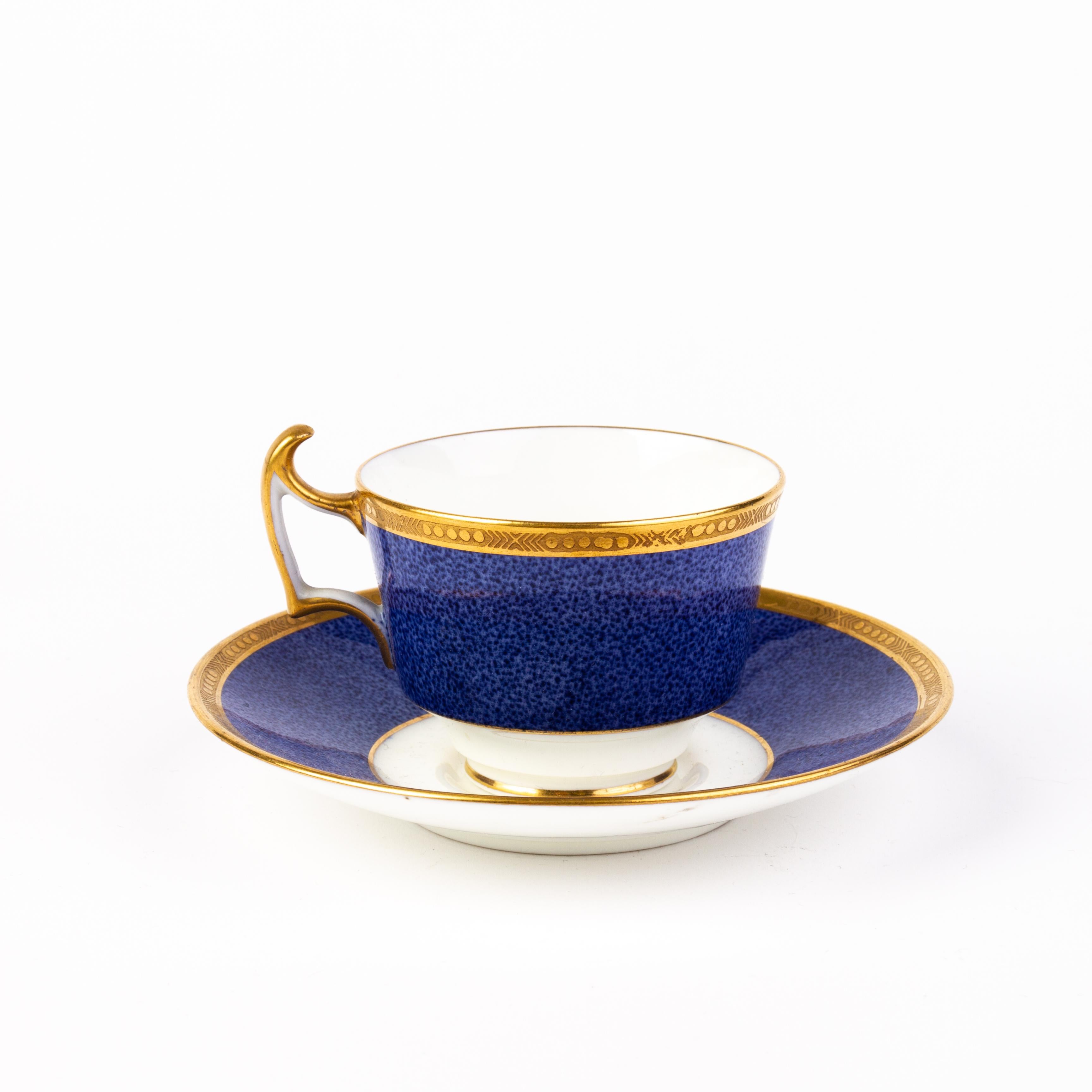 20th Century Cauldon Fine English Porcelain Blue Ground Gilt Tea Cup & Saucer