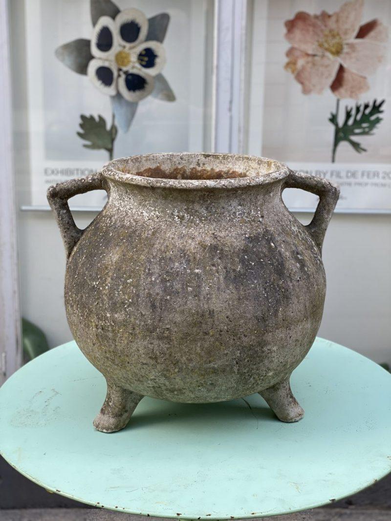 Handsome French garden planter, made of eternite in a gorgeous weathered hue, and designed by Willy Guhl. Cauldron shaped, with side handles, and raised from the ground by three small feet. Beautifully authentic look.

Produced in fibre cement at
