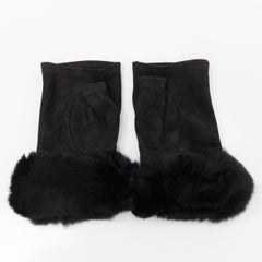 CAUSSE Gantier black soft ruched suede leather chinchilla fur trimmed fingerless