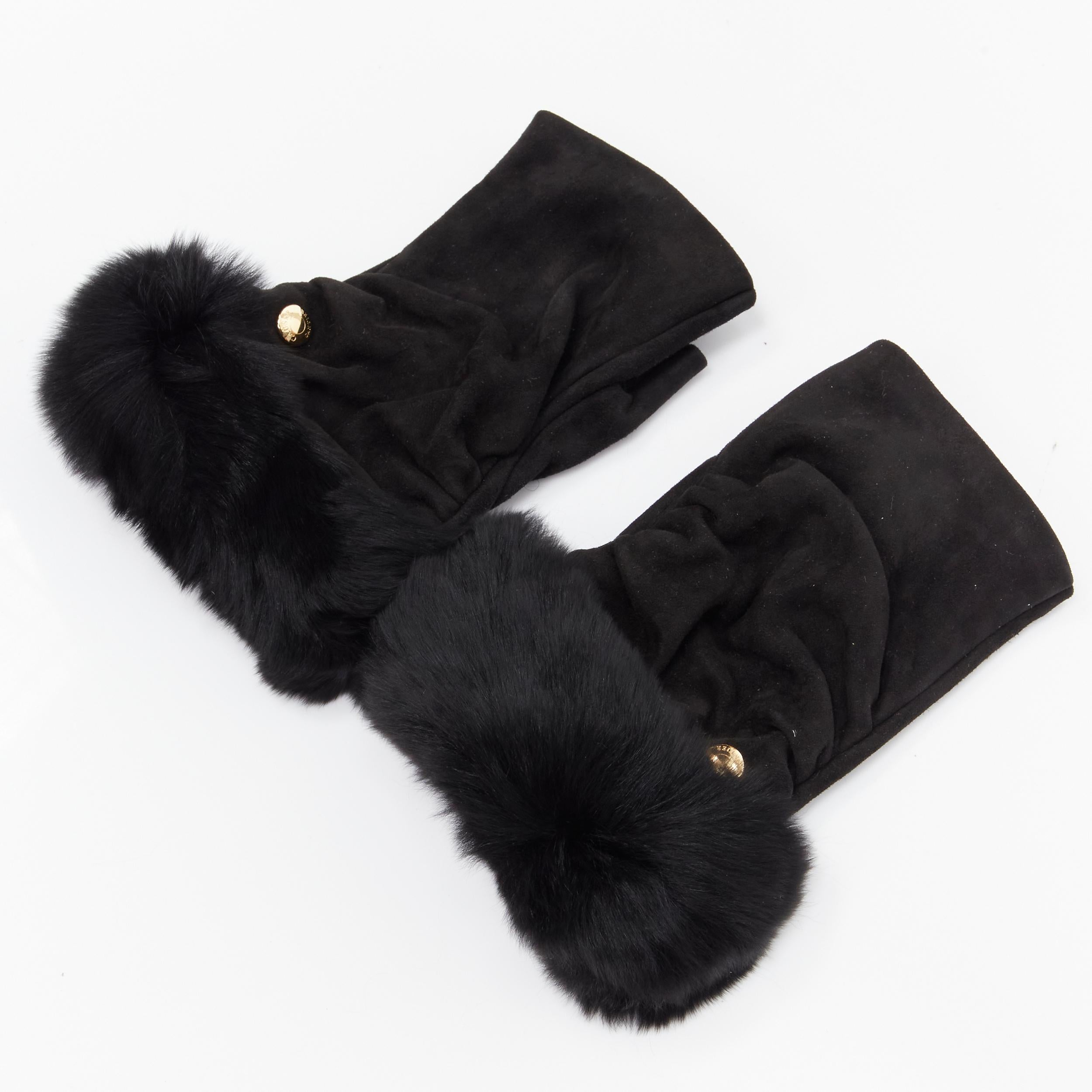 Black CAUSSE Gantier black soft ruched suede leather chinchilla fur trimmed fingerless For Sale