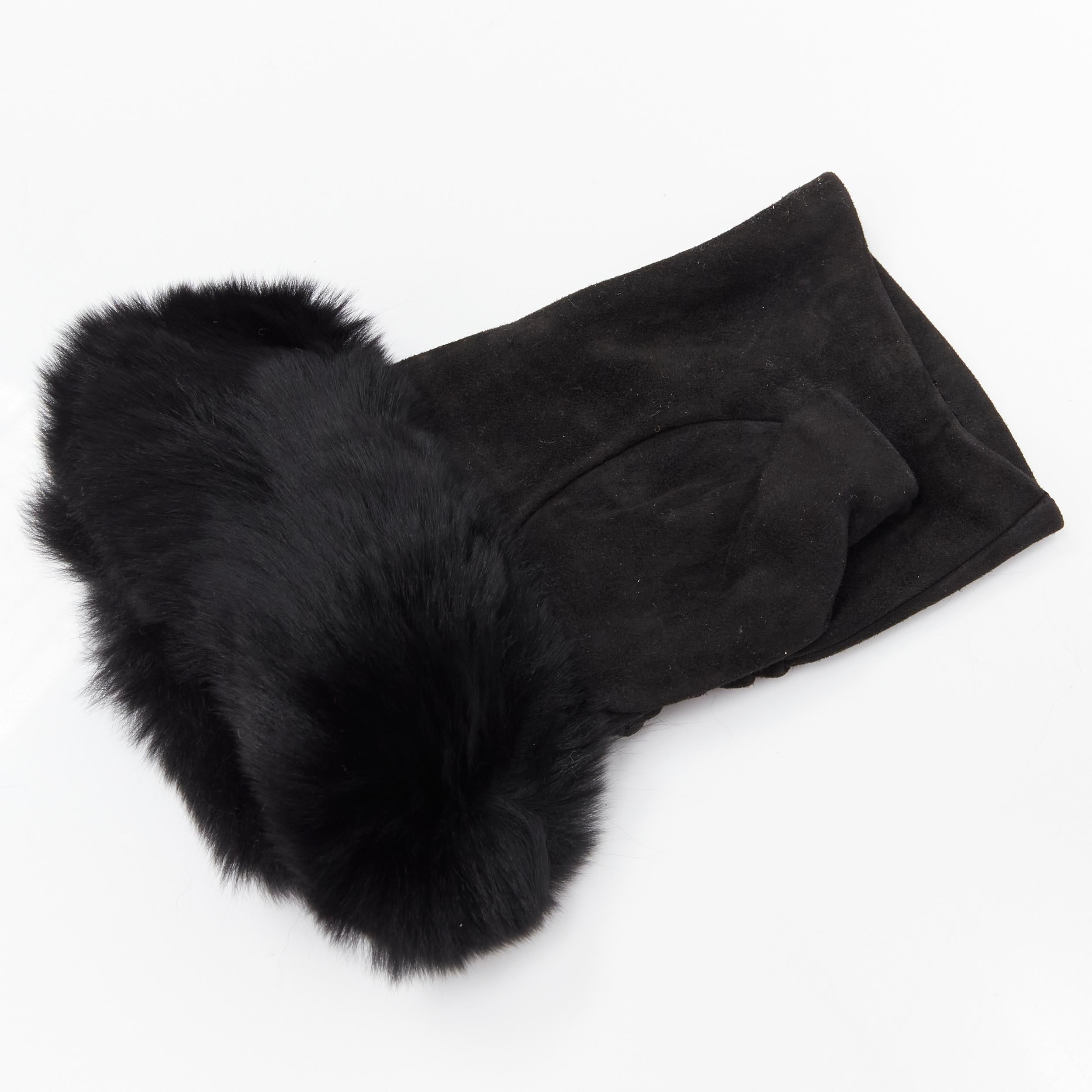Women's CAUSSE Gantier black soft ruched suede leather chinchilla fur trimmed fingerless For Sale