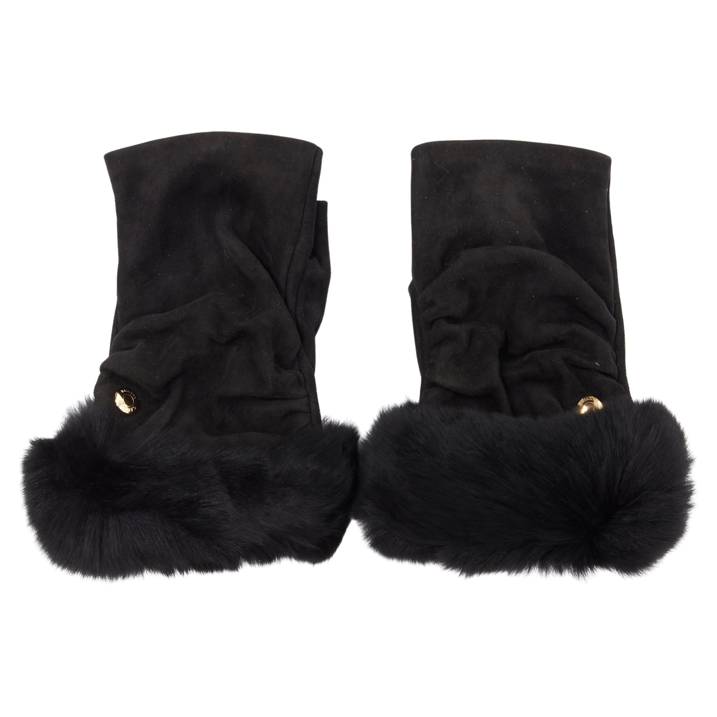 CAUSSE Gantier black soft ruched suede leather chinchilla fur trimmed fingerless For Sale