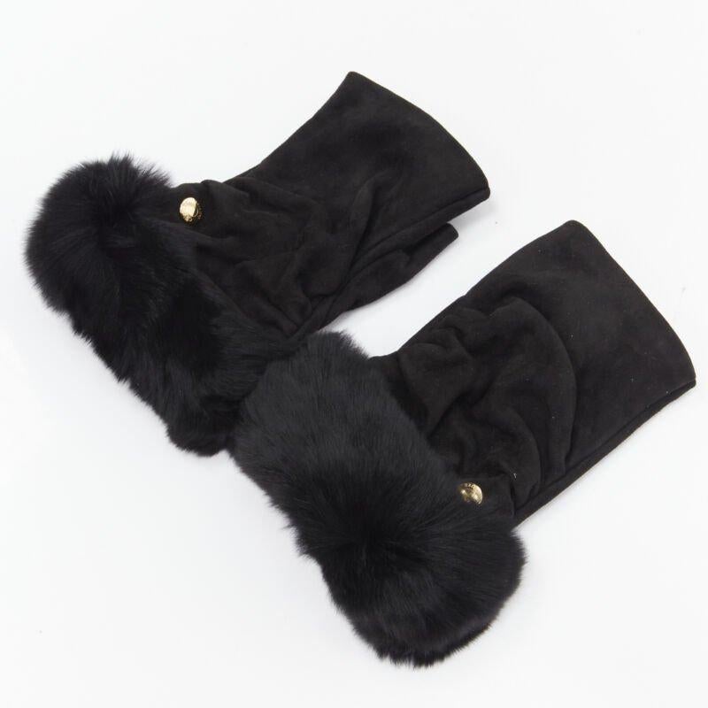 CAUSSE Gantier black soft suede leather chinchilla fur fingerless glove 6.5 In Excellent Condition In Hong Kong, NT