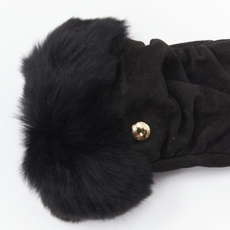Women's CAUSSE Gantier black soft suede leather chinchilla fur fingerless glove 6.5